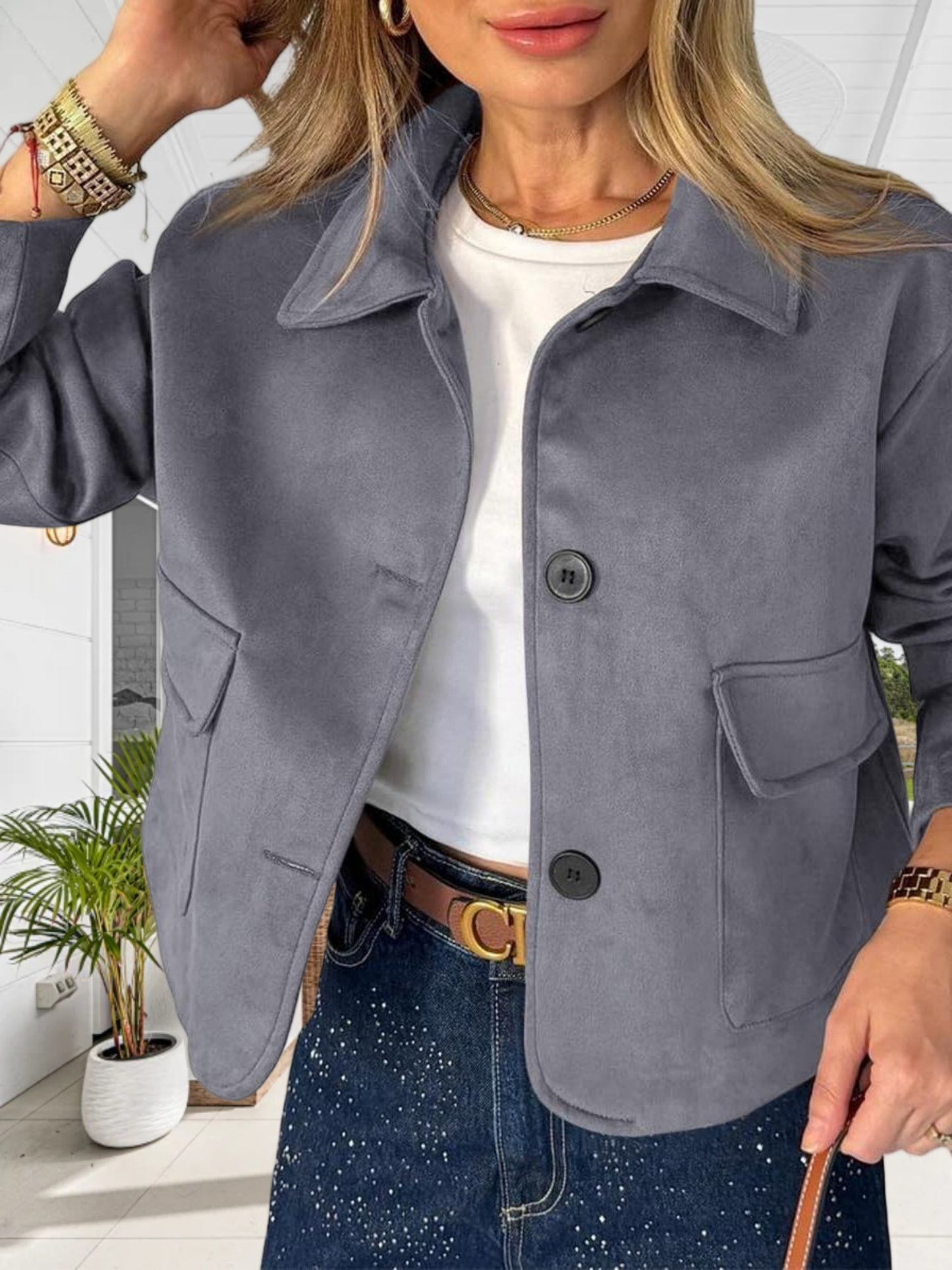 Women'S Cropped Faux Suede Shacket Jacket Vintage Button Coat Casual Outerwear for Fall\u002F Spring