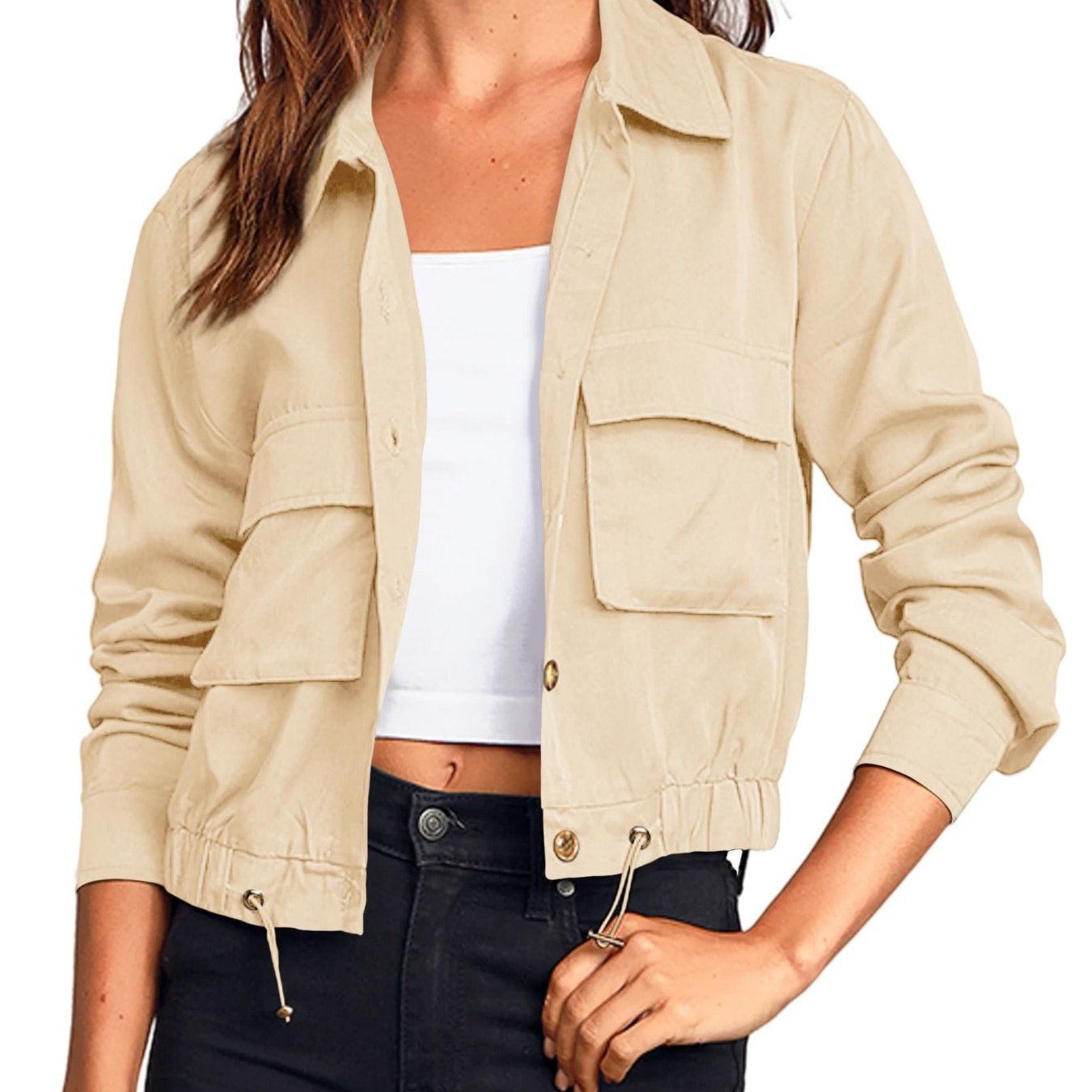 Women'S Military Safari Cropped Jackets Button Lightweight Oversized Utility Anorak Coat with Pockets