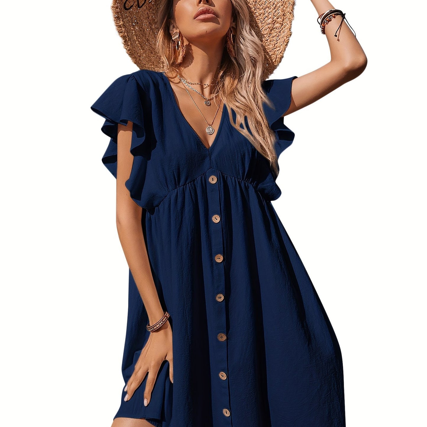 Women's Ruffle Babydoll Dress Long\u002FShort Sleeve V Neck High Waist Botton Casual Loose Flowy Swing Pleated Tunic Dress