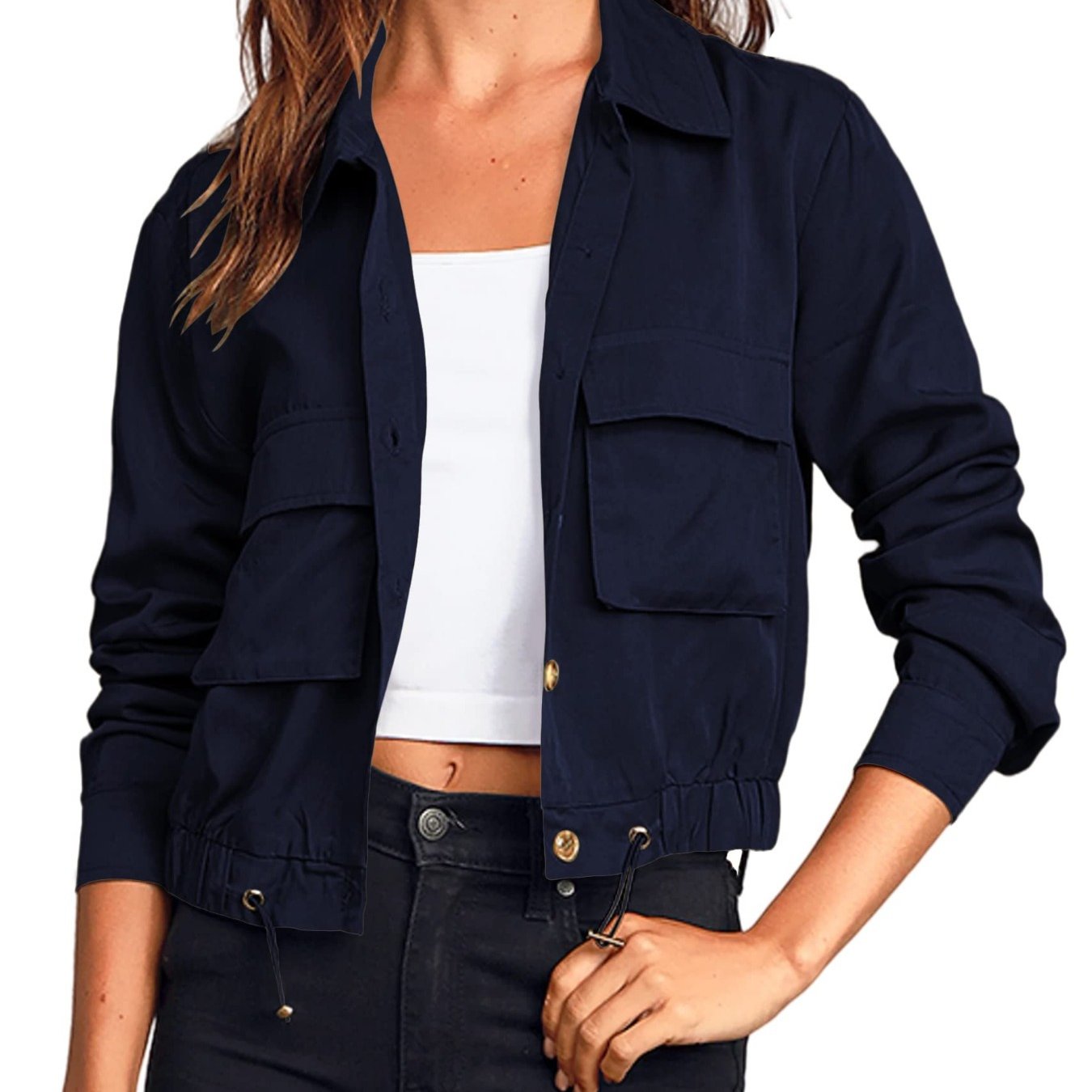 Women'S Military Safari Cropped Jackets Button Lightweight Oversized Utility Anorak Coat with Pockets