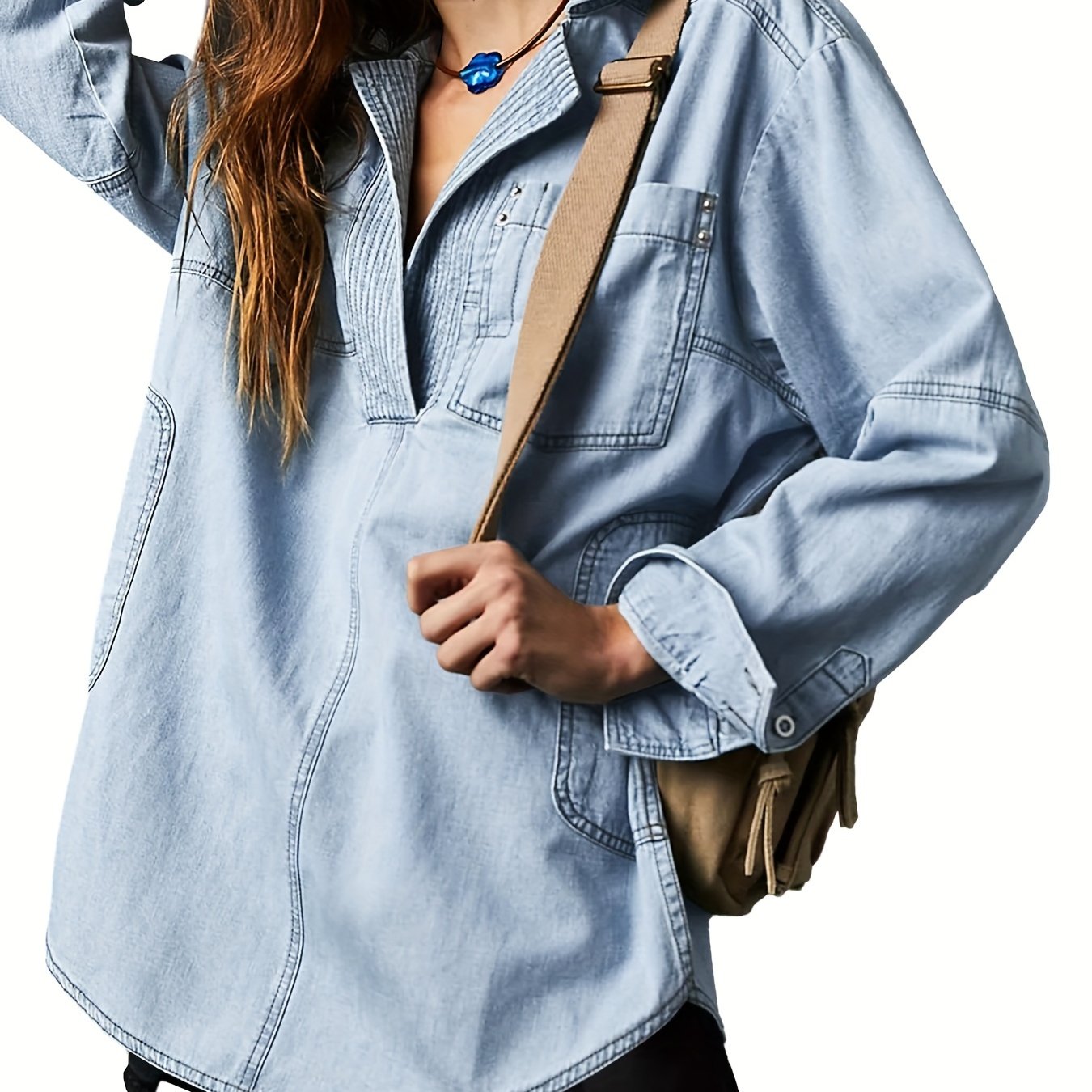 Women's Denim Pullover Casual Button V Neck Blouse Loose Fit Long Sleeve Jean Jacket With Pocket