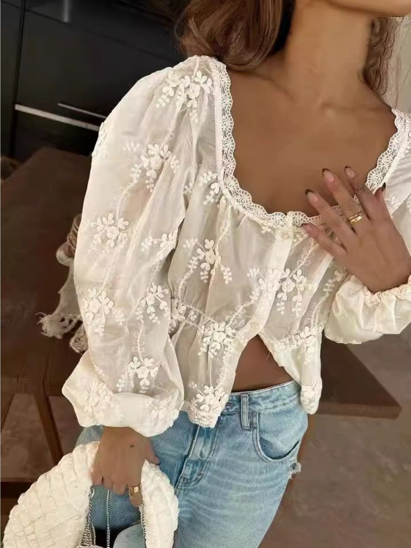 New Sexy Women'S Loose Embroidered Long-Sleeved Shirt