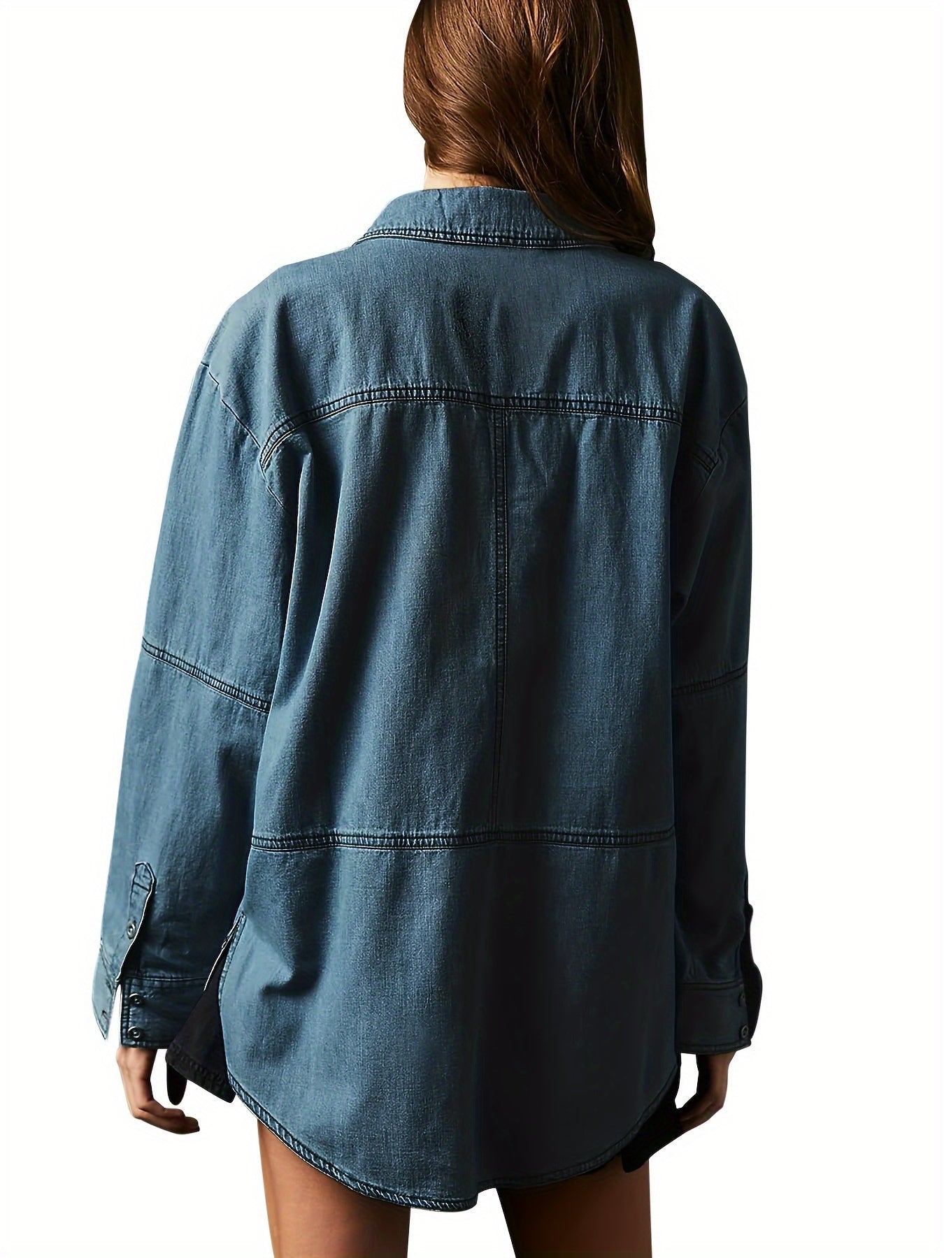 Women's Denim Pullover Casual Button V Neck Blouse Loose Fit Long Sleeve Jean Jacket With Pocket