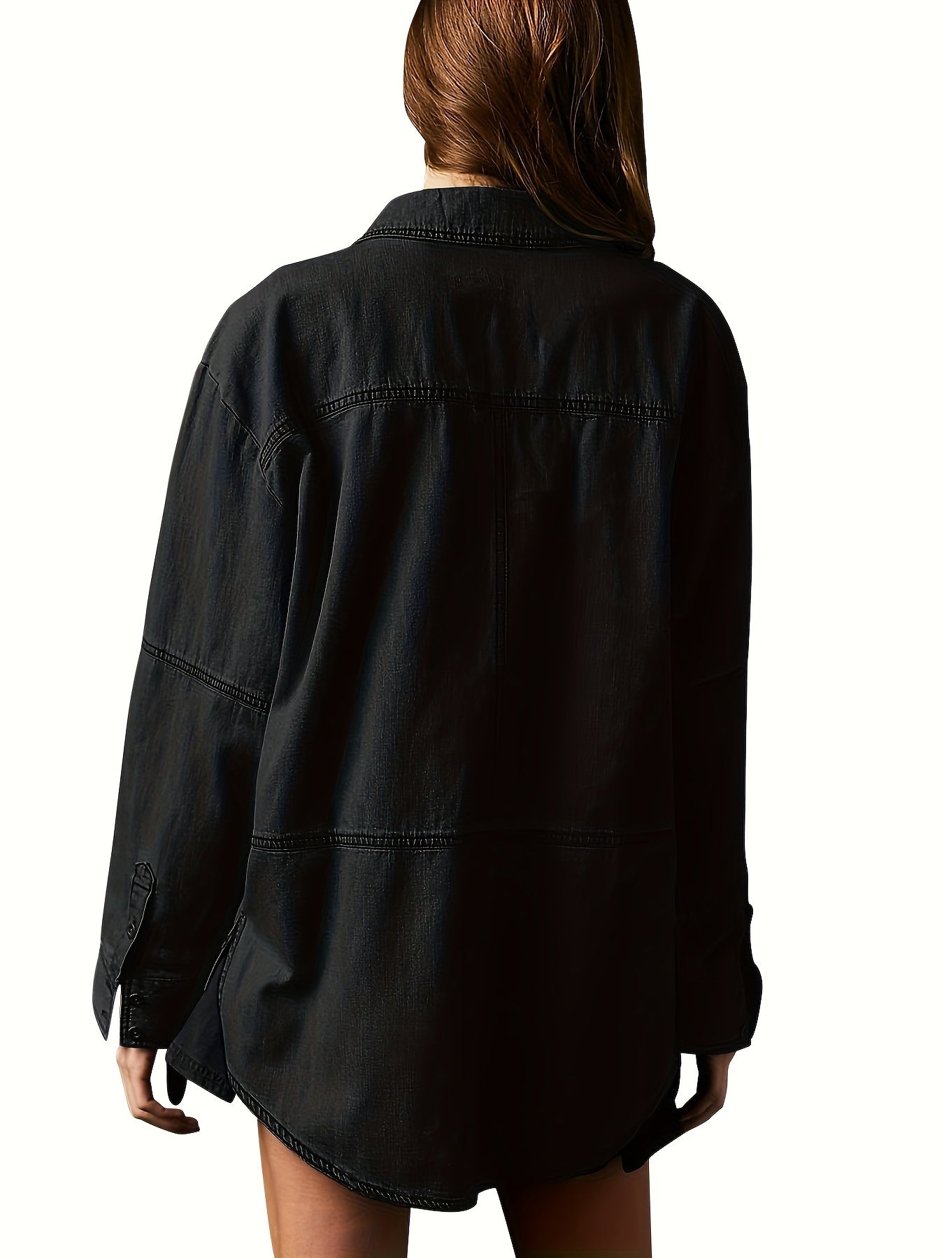 1pc Women'S Casual Cotton Faux Denim Shirt - Solid Color Long Sleeve V-Neck Pullover with Pockets, Loose Fit Jean Jacket Style Blouse for Fall\u002FWinter