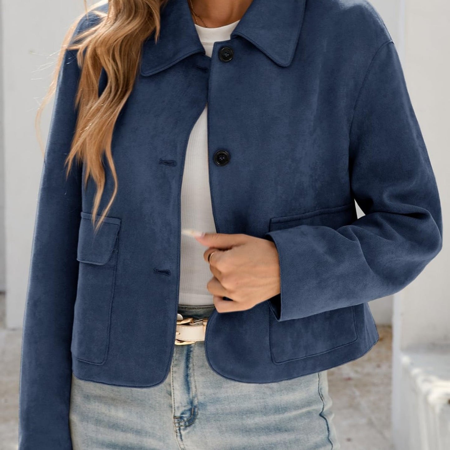 Women'S Cropped Faux Suede Shacket Jacket Vintage Button Coat Casual Outerwear for Fall\u002F Spring