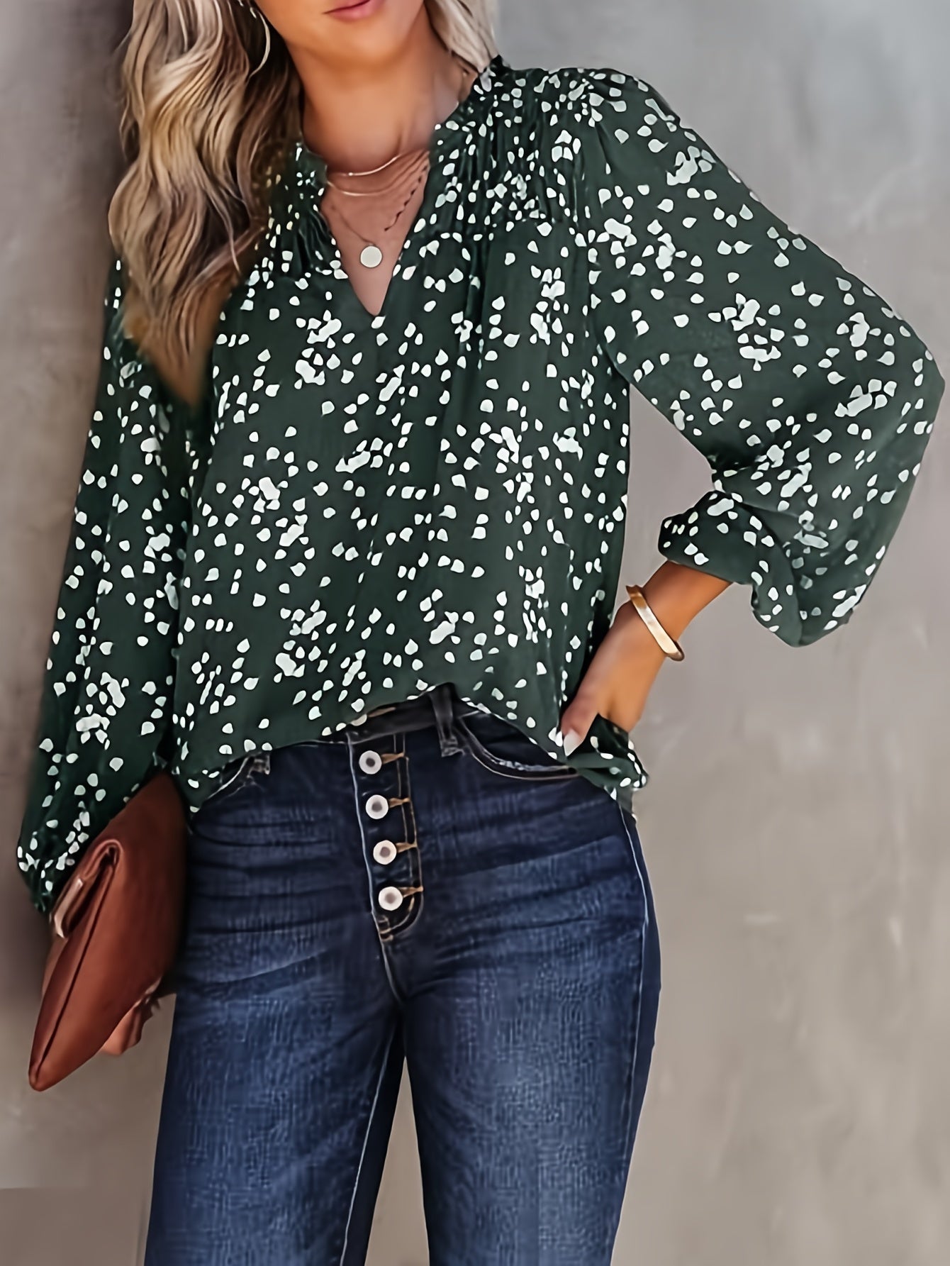 Women's Commuter Top, V-Neck, Long Sleeve Polka Dot Print, Pleated Blouse