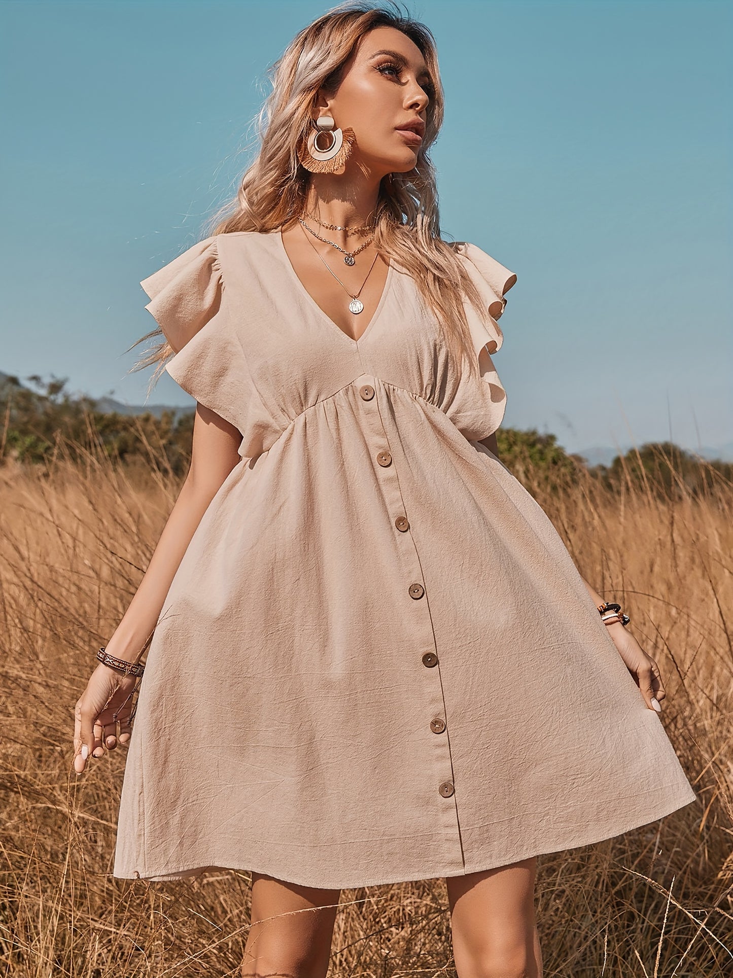 Women's Ruffle Babydoll Dress Long\u002FShort Sleeve V Neck High Waist Botton Casual Loose Flowy Swing Pleated Tunic Dress