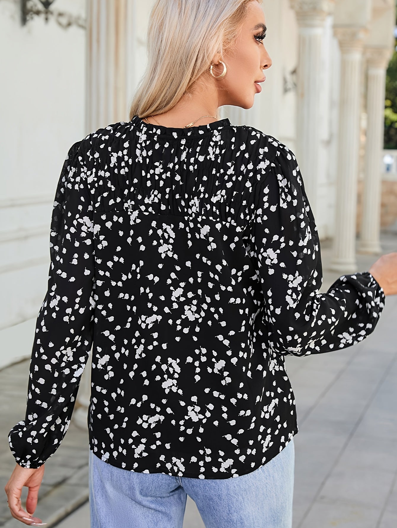 Women's Commuter Top, V-Neck, Long Sleeve Polka Dot Print, Pleated Blouse