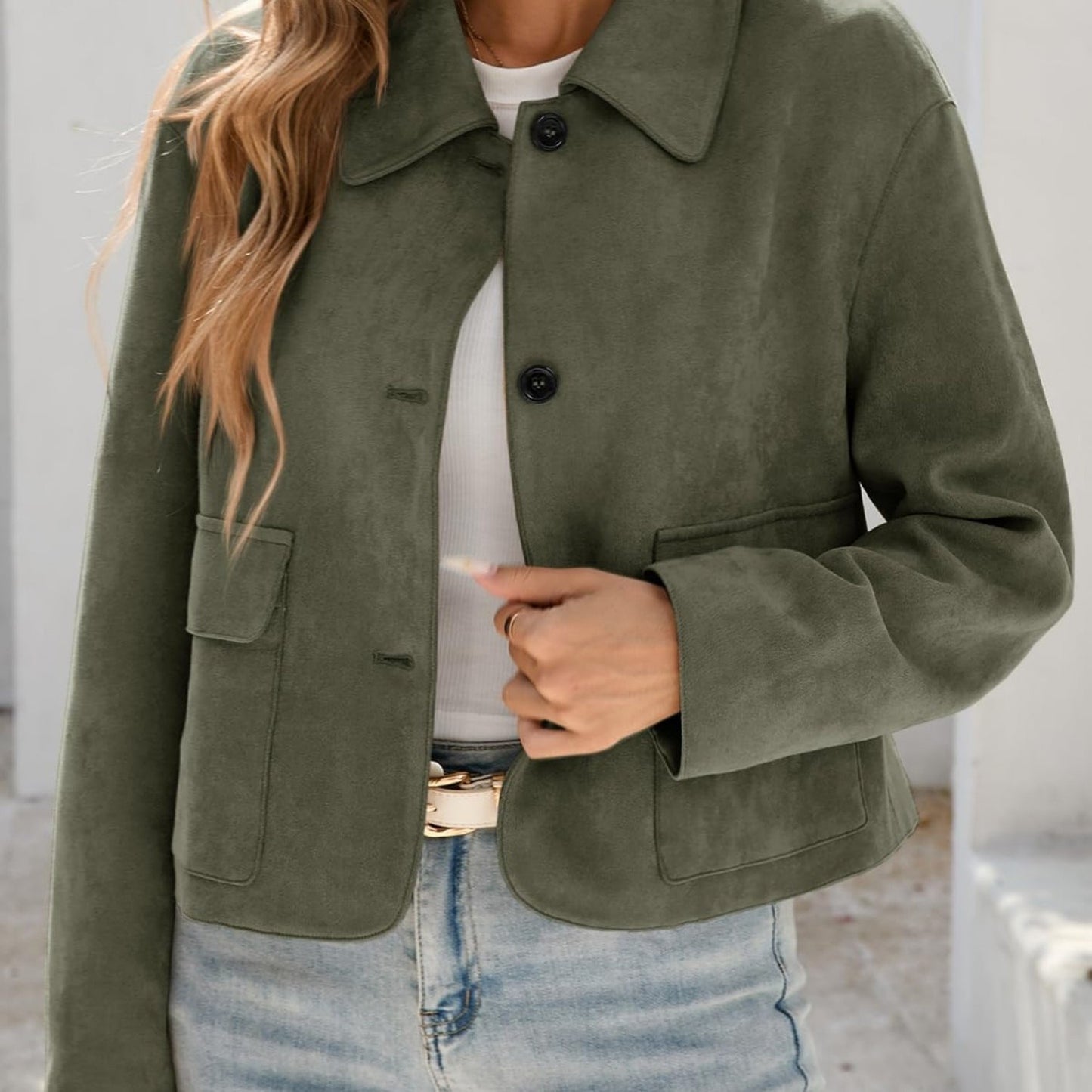 Women'S Cropped Faux Suede Shacket Jacket Vintage Button Coat Casual Outerwear for Fall\u002F Spring