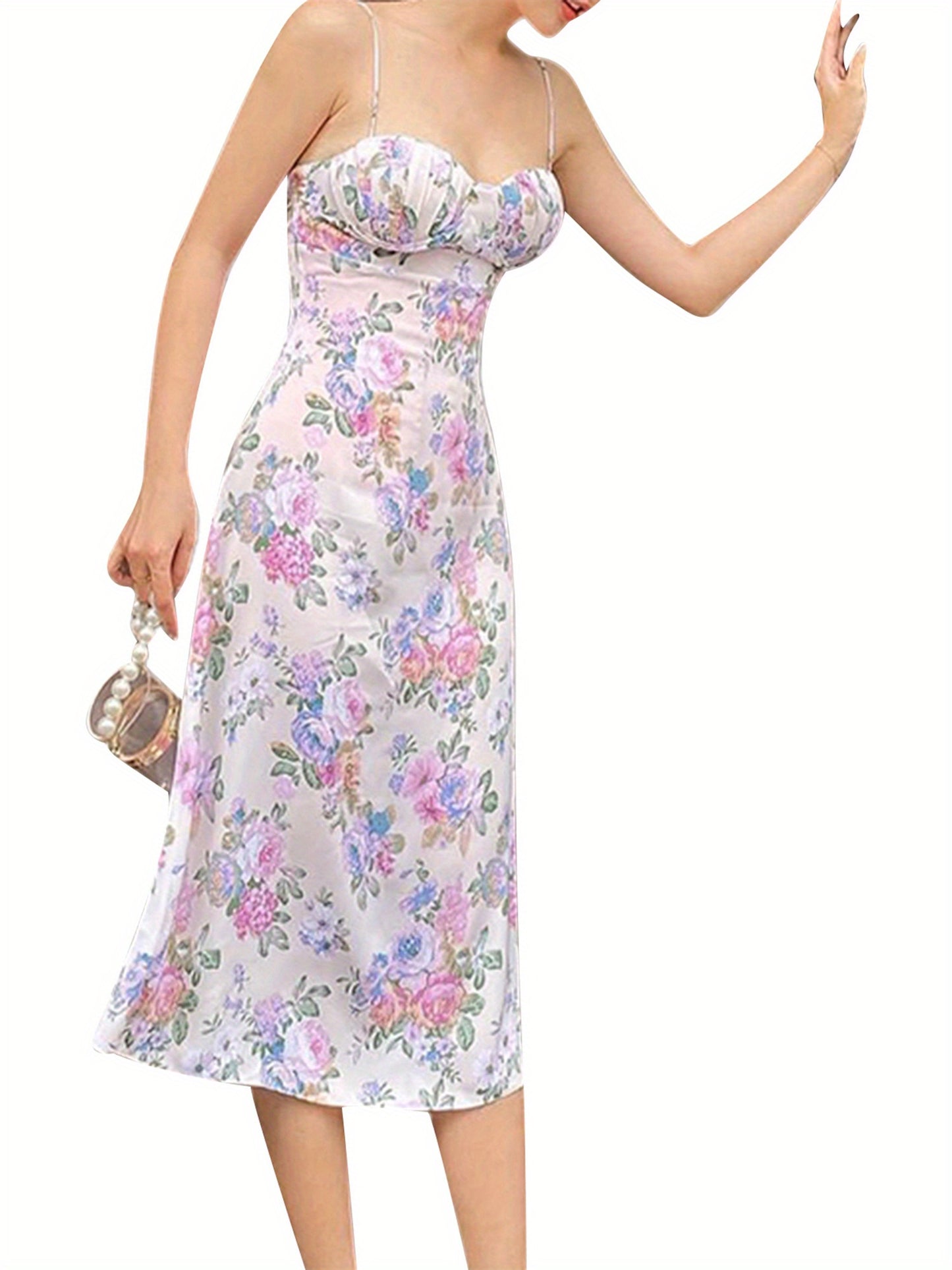 Women'S Y2K Strapless Spaghetti Suspender Dress - Floral Print Summer Midi Dress with Fitted Top & Flowy Skirt, Lightweight Breathable Fabric for Party Vacation Casual Outfits, Spring Summer Fashion, Elegant Design, Quality Craftsmanship