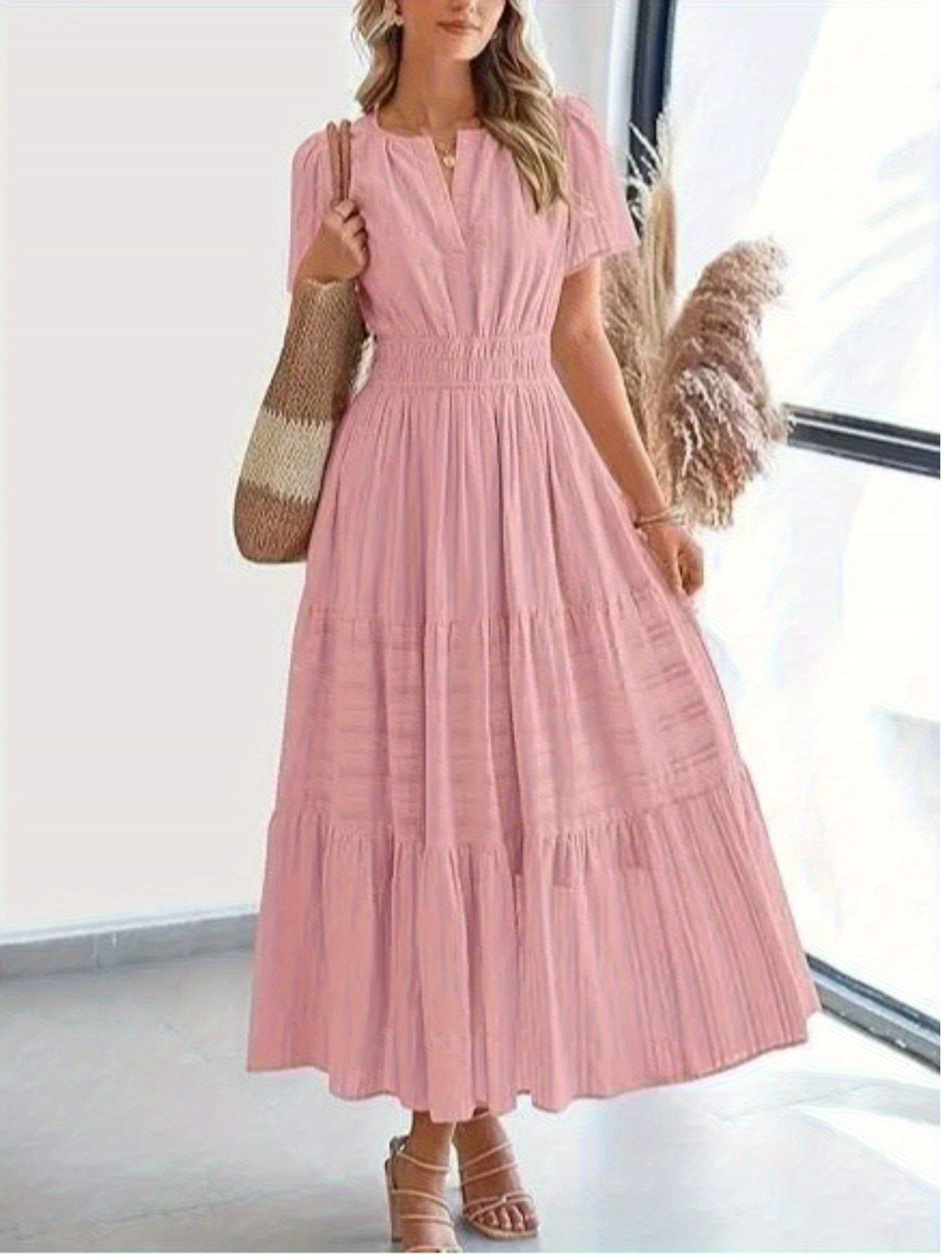 Elegant Women'S Pleated Puff Sleeve Layered Large Swing Dress, V-neck Machine Washable Casual to Formal Wear, Solid Color, Suitable for Spring and Summer, Easy Casual Women'S Wear