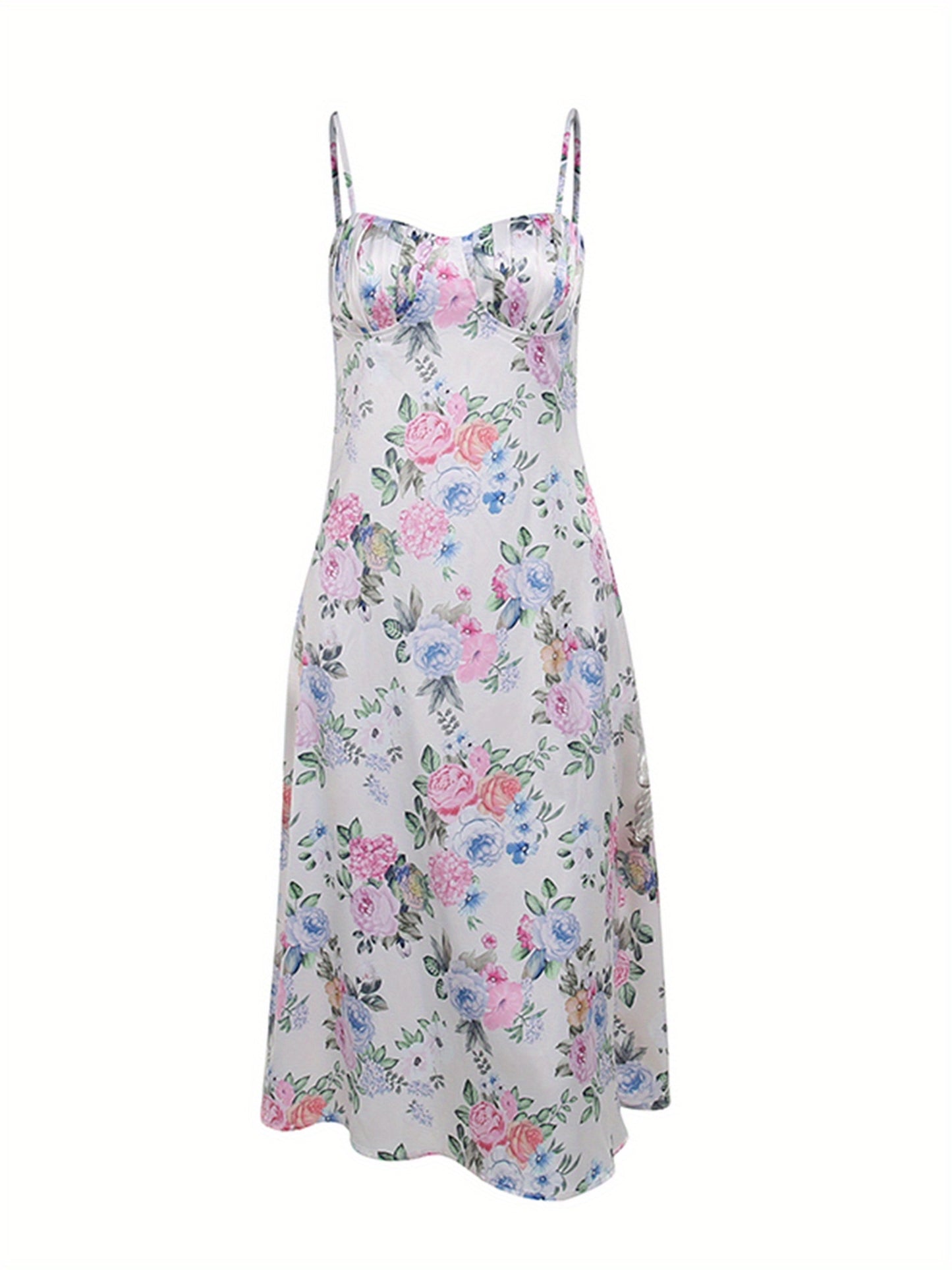 Women'S Y2K Strapless Spaghetti Suspender Dress - Floral Print Summer Midi Dress with Fitted Top & Flowy Skirt, Lightweight Breathable Fabric for Party Vacation Casual Outfits, Spring Summer Fashion, Elegant Design, Quality Craftsmanship
