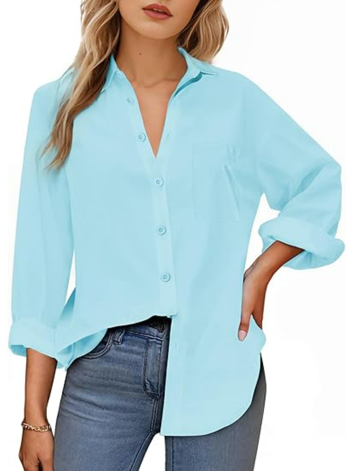 Women's Solid Color Button-Up Shirt - Long Sleeve, Loose Fit with Pocket, 100%, Ideal for Travel and Daily Wear, Sexy Casual Top, Sexy Style, Spring\u002FSummer\u002FAutumn