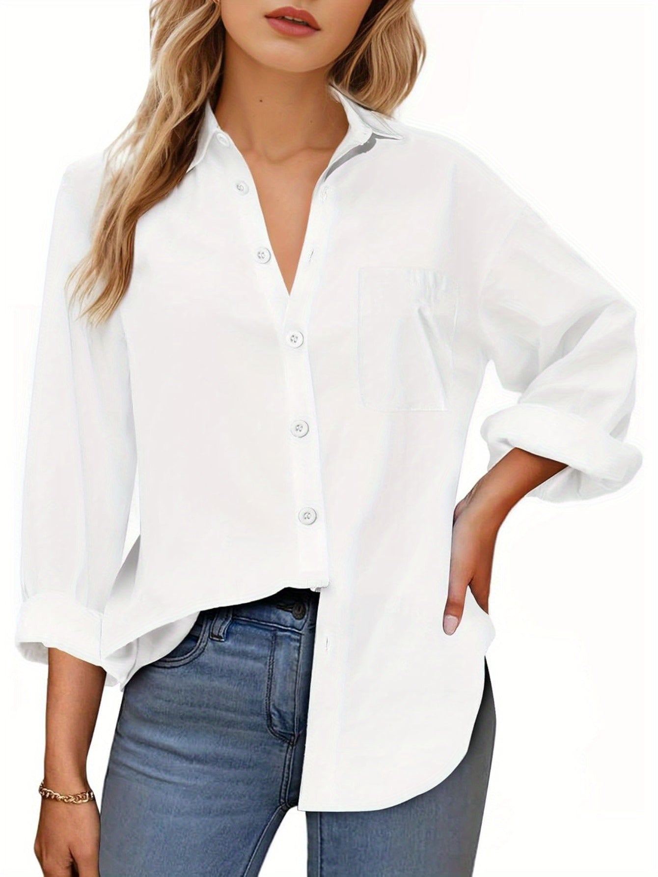 Women's Solid Color Button-Up Shirt - Long Sleeve, Loose Fit with Pocket, 100%, Ideal for Travel and Daily Wear, Sexy Casual Top, Sexy Style, Spring\u002FSummer\u002FAutumn