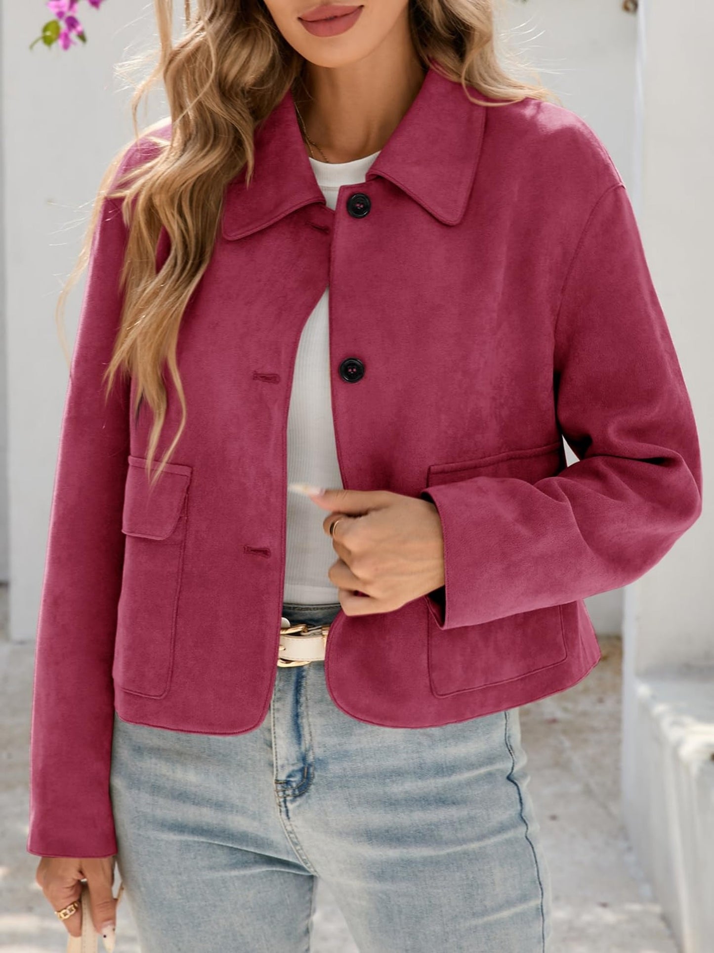 Women'S Cropped Faux Suede Shacket Jacket Vintage Button Coat Casual Outerwear for Fall\u002F Spring
