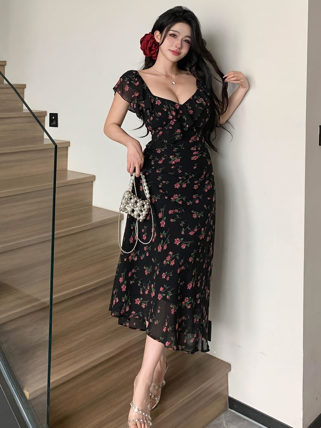 Women'S French-Inspired Elegant Square Neck Black Floral Print Ruffled Sleeve Knee-Length Dress - Fitted Summer Dress for Casual & Formal Occasions, Cute Dress, Evening Wear, Decorative Floral Design