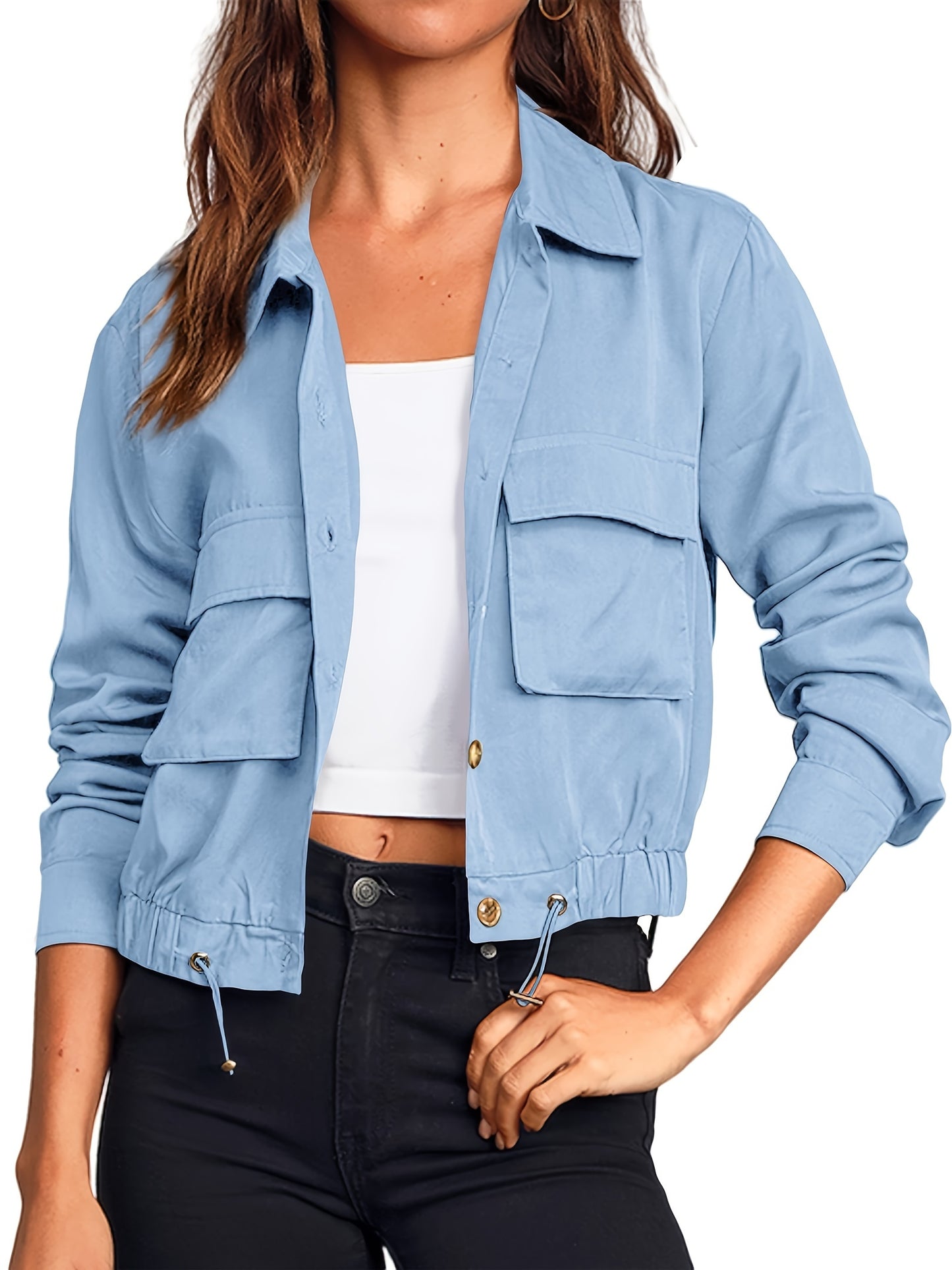 Women's Lightweight Military Safari Cropped Jacket - Button Oversized Utility Anorak with Pockets, Long Sleeve, Rayon Blend, Beige, Casual Outdoor Style, Casual Outdoor Jacket | Button Coat | Lightweight Coat