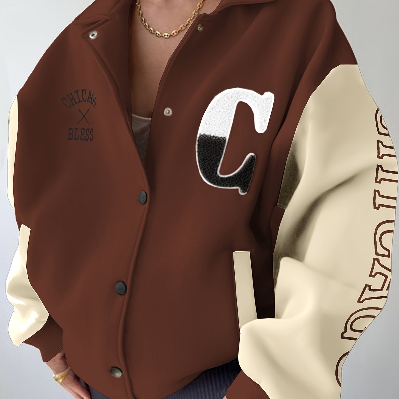 Color Block Snap Front Jacket, Casual Long Sleeve Drop Shoulder Loose Collared Jacket For Spring & Fall, Women's Clothing