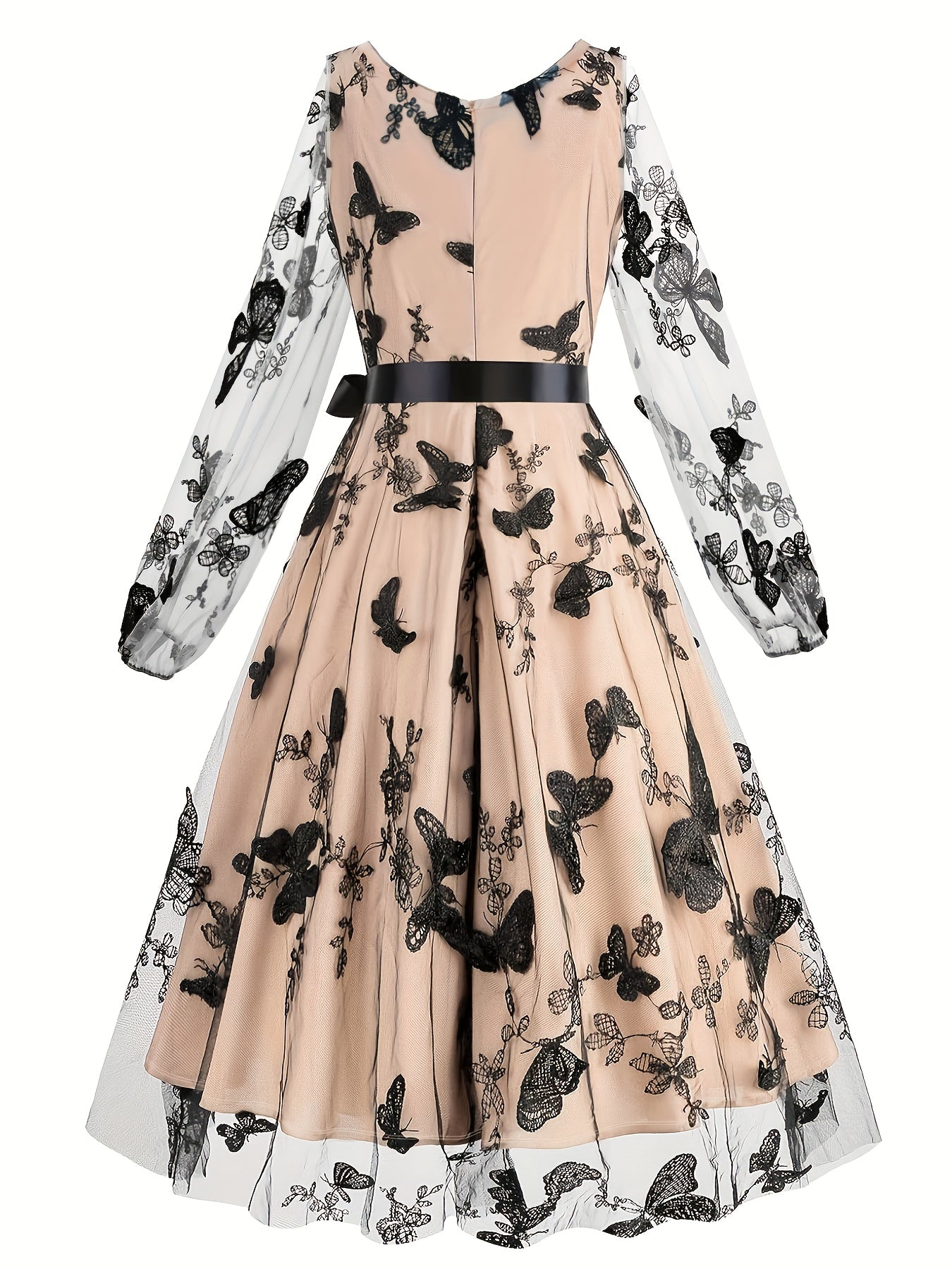 Plus Size Women's Elegant Butterfly Embroidery Net Yarn Dress - Long Sleeve Cross Tie Waist Slim Fit Midi Dress with Zipper Back, Machine Washable A-Line Silhouette for All-Season Outings DMBT1770, Elegant Long Sleeve Dress, Medium Elasticity Fabric