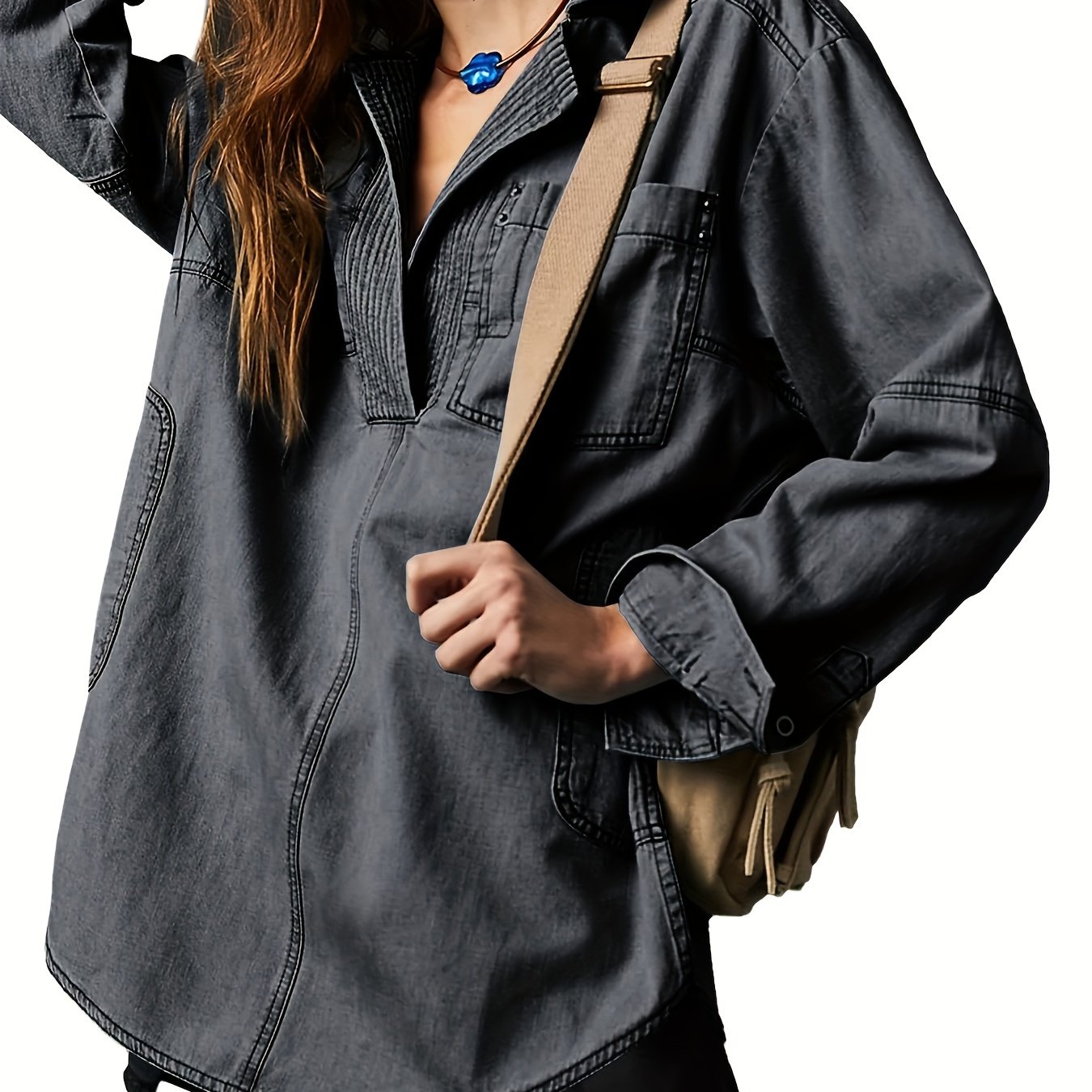 1pc Women'S Casual Cotton Faux Denim Shirt - Solid Color Long Sleeve V-Neck Pullover with Pockets, Loose Fit Jean Jacket Style Blouse for Fall\u002FWinter
