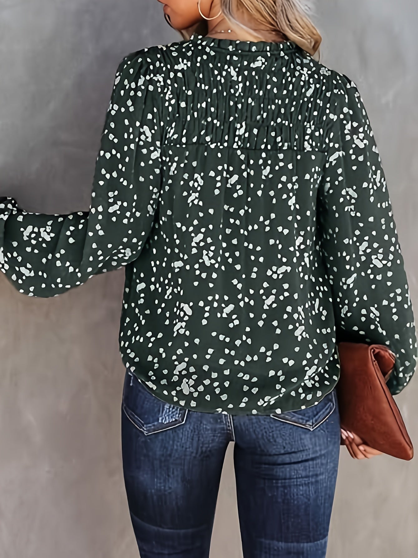 Women's Commuter Top, V-Neck, Long Sleeve Polka Dot Print, Pleated Blouse