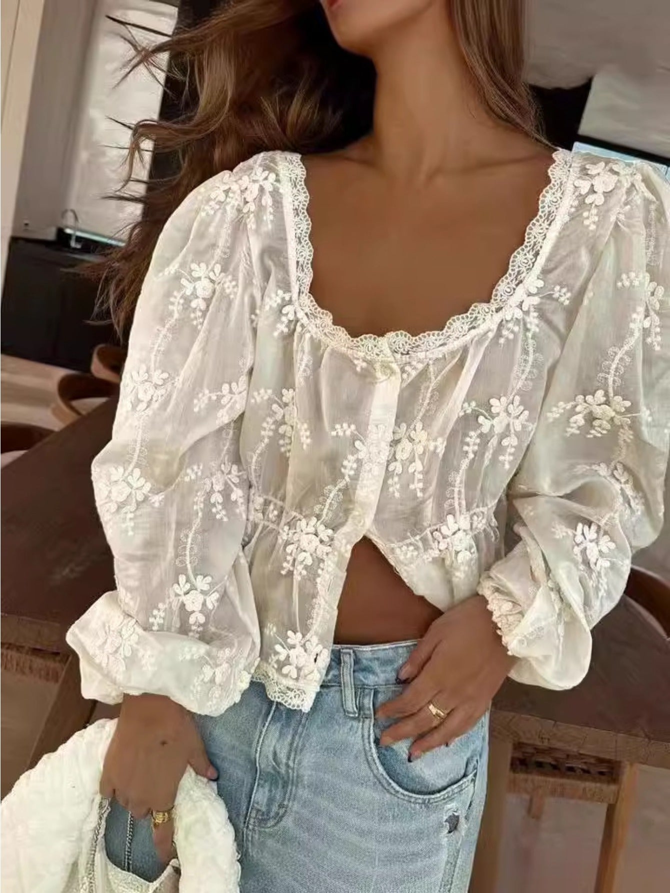 New Sexy Women'S Loose Embroidered Long-Sleeved Shirt