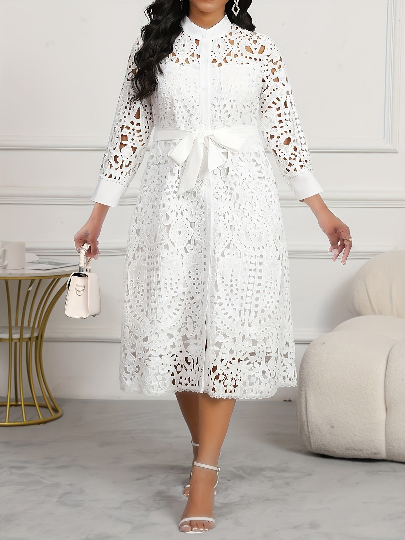 Plus Size, Large-size Fashionable Women's Dress with Whte Open-work Lace Patchwork, V-neckine, Three-quarter Sleeves, Drawstring Waist, Simming Elfect And Elegant Style DMBT010