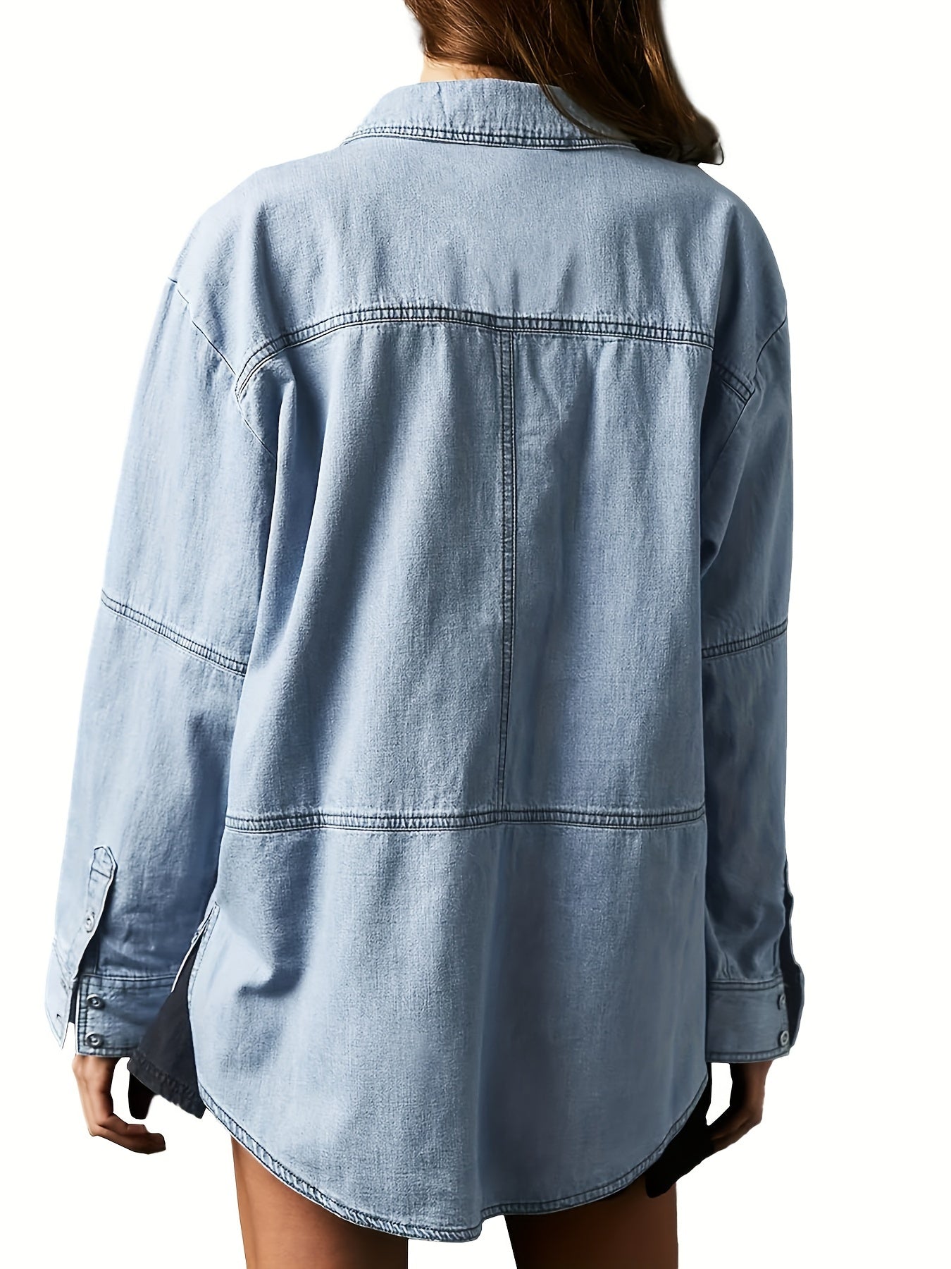 1pc Women'S Casual Cotton Faux Denim Shirt - Solid Color Long Sleeve V-Neck Pullover with Pockets, Loose Fit Jean Jacket Style Blouse for Fall\u002FWinter
