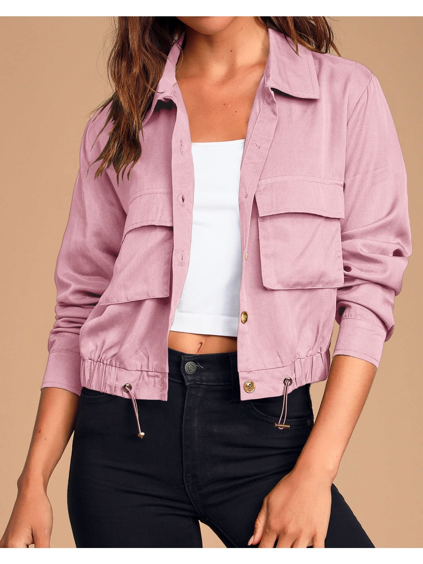 Women'S Military Safari Cropped Jackets Button Lightweight Oversized Utility Anorak Coat with Pockets
