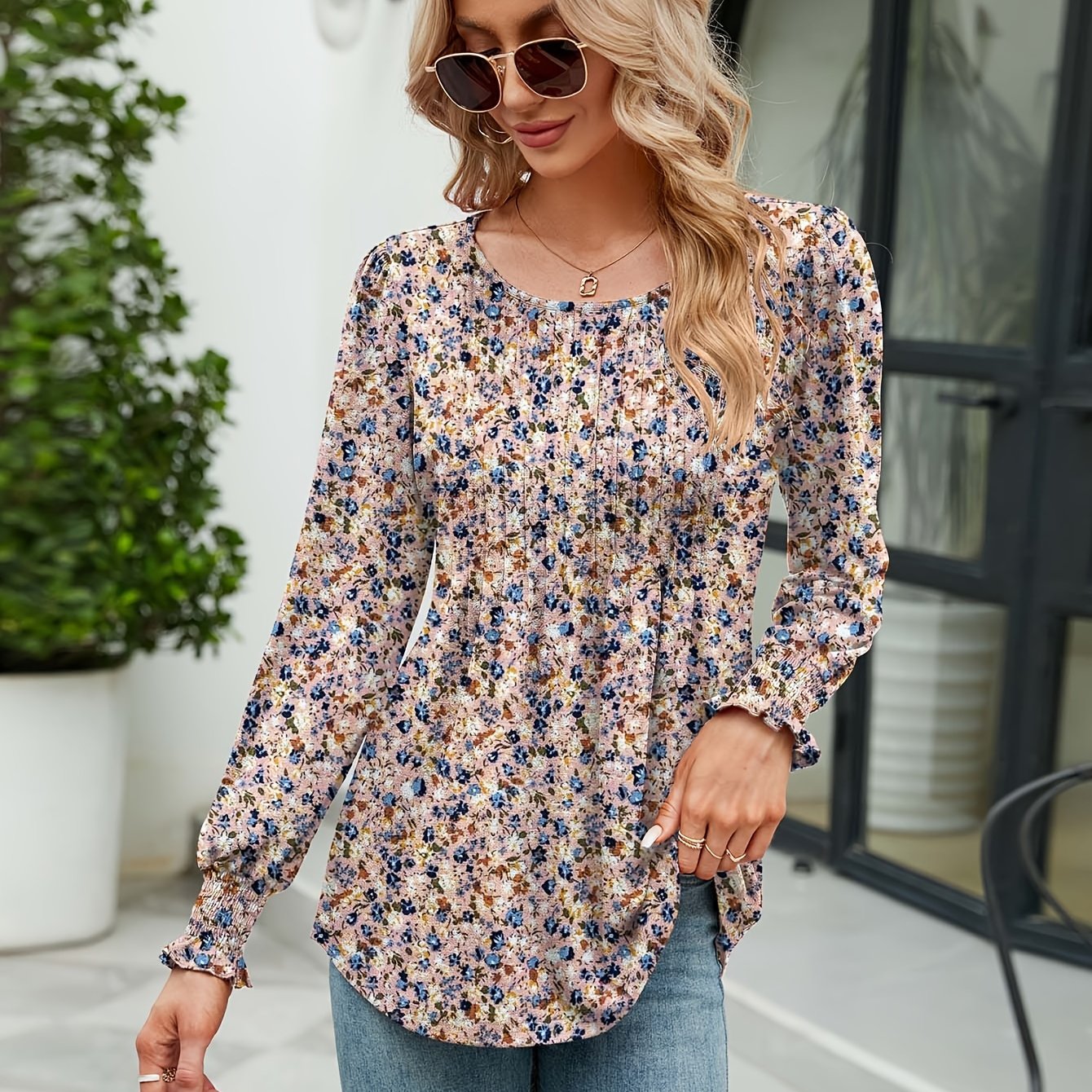 Women'S Casual Crew Neck Tunic Top - Long\u002FShort Sleeve, Ruched Chest, Loose Fit, Solid Color, Spring\u002FFall Fashion, Versatile Blouse | Relaxed Fit Shirt | Glossy Texture, Ladies T Shirts