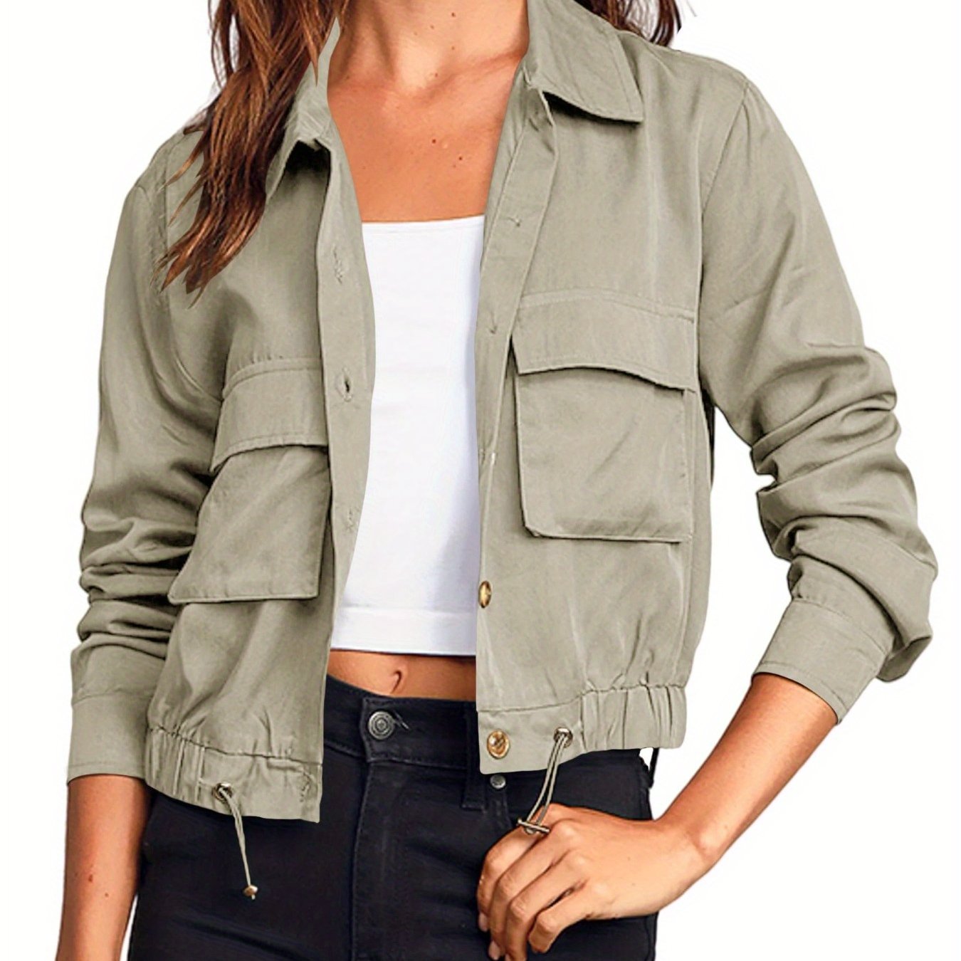 Women'S Military Safari Cropped Jackets Button Lightweight Oversized Utility Anorak Coat with Pockets