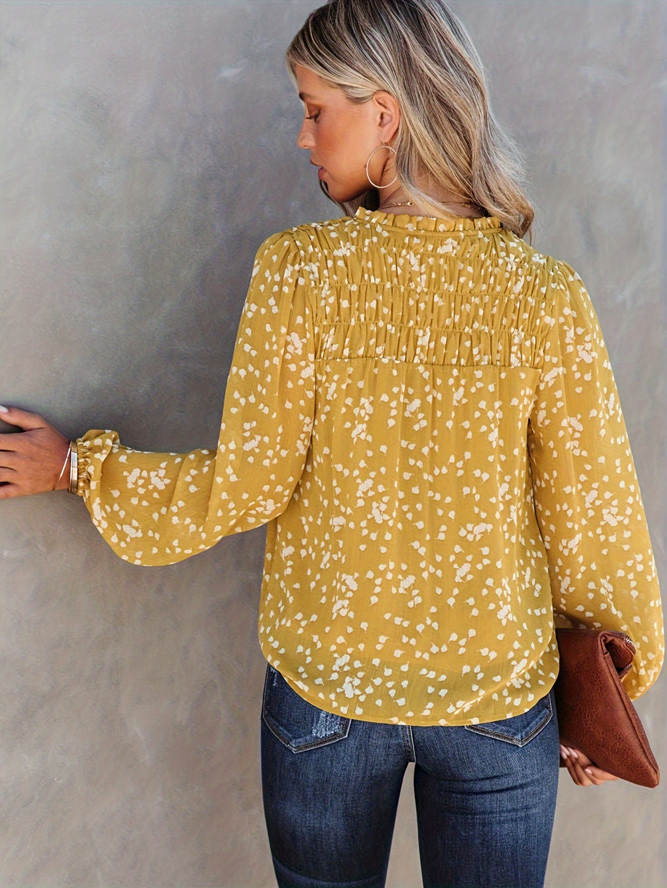 Women's Commuter Top, V-Neck, Long Sleeve Polka Dot Print, Pleated Blouse
