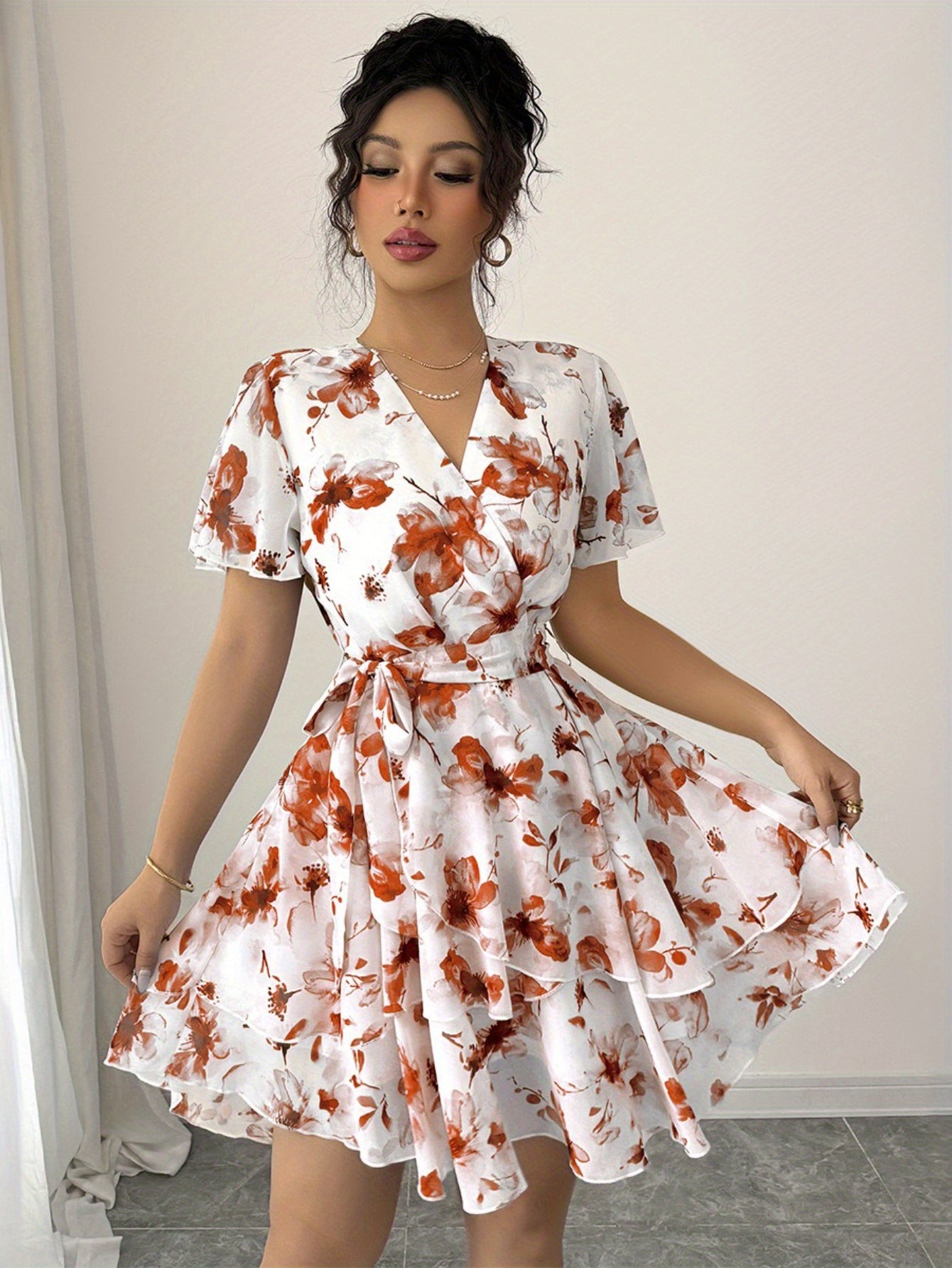 1pc Elegant French-Inspired Floral Print V-Neck Midi Dress - Sleeveless, Asymmetrical Hem, Loose Fit for Women, Perfect for Daily Wear, Work, and Travel, Floral Dress
