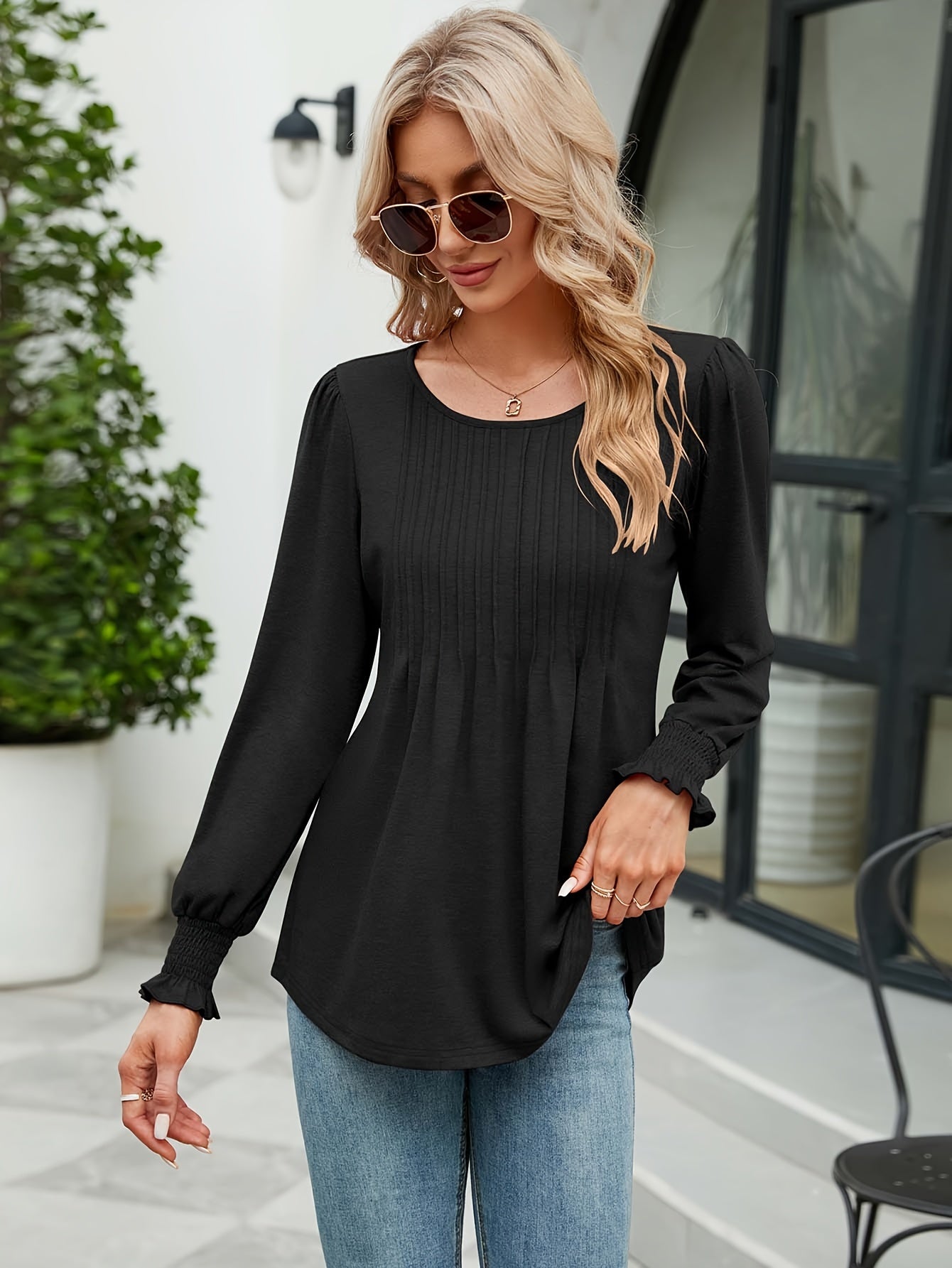 Women'S Casual Crew Neck Tunic Top - Long\u002FShort Sleeve, Ruched Chest, Loose Fit, Solid Color, Spring\u002FFall Fashion, Versatile Blouse | Relaxed Fit Shirt | Glossy Texture, Ladies T Shirts