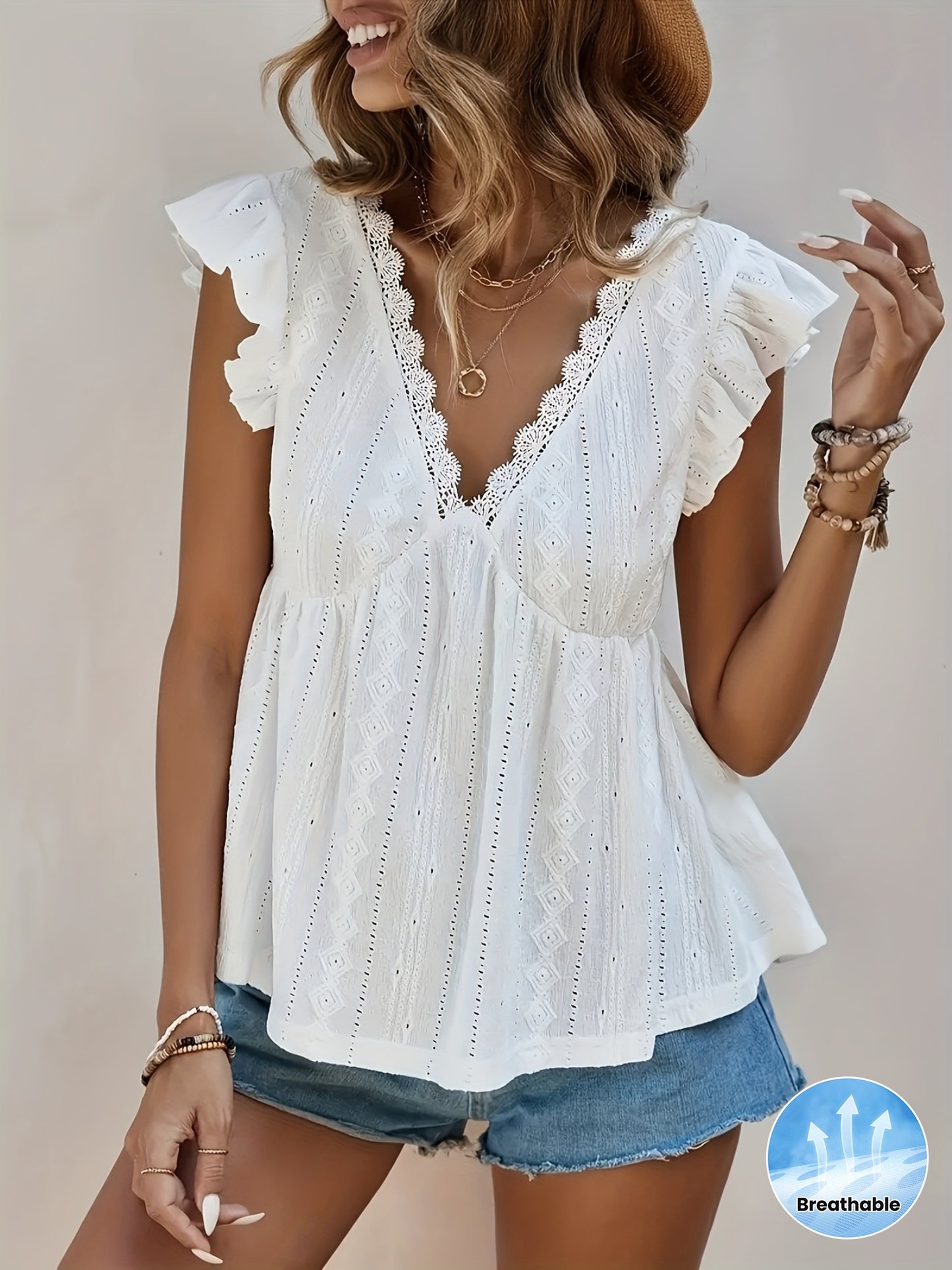 Women's V-Neck Ruffle Sleeve Blouse with Lace Trim & Eyelet Embroidery - Breathable Non-Transparent Fabric, Cinched Waist Casual Top for Summer & All Seasons, Allseason Fashion, Delicate Detailing