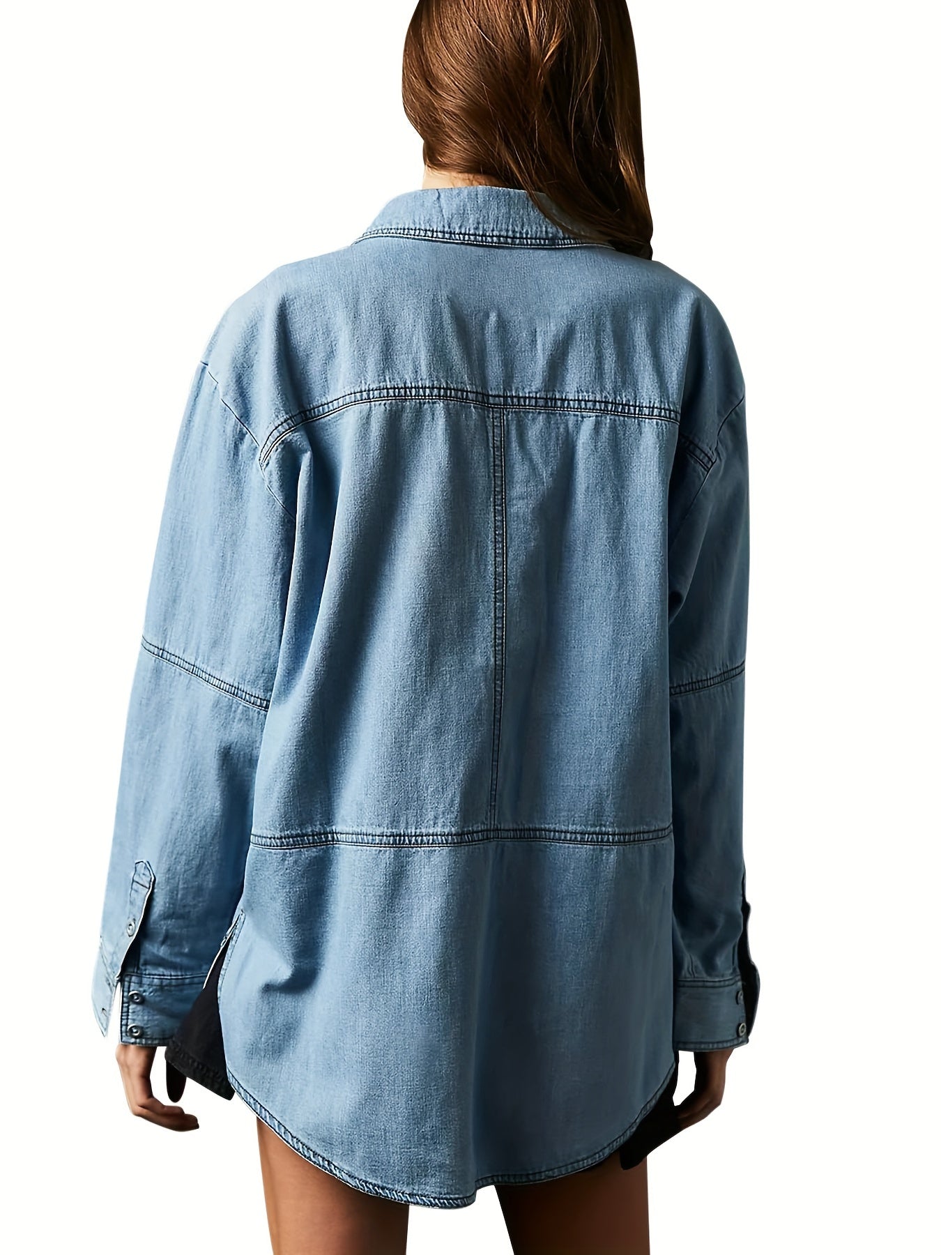 Women's Denim Pullover Casual Button V Neck Blouse Loose Fit Long Sleeve Jean Jacket With Pocket