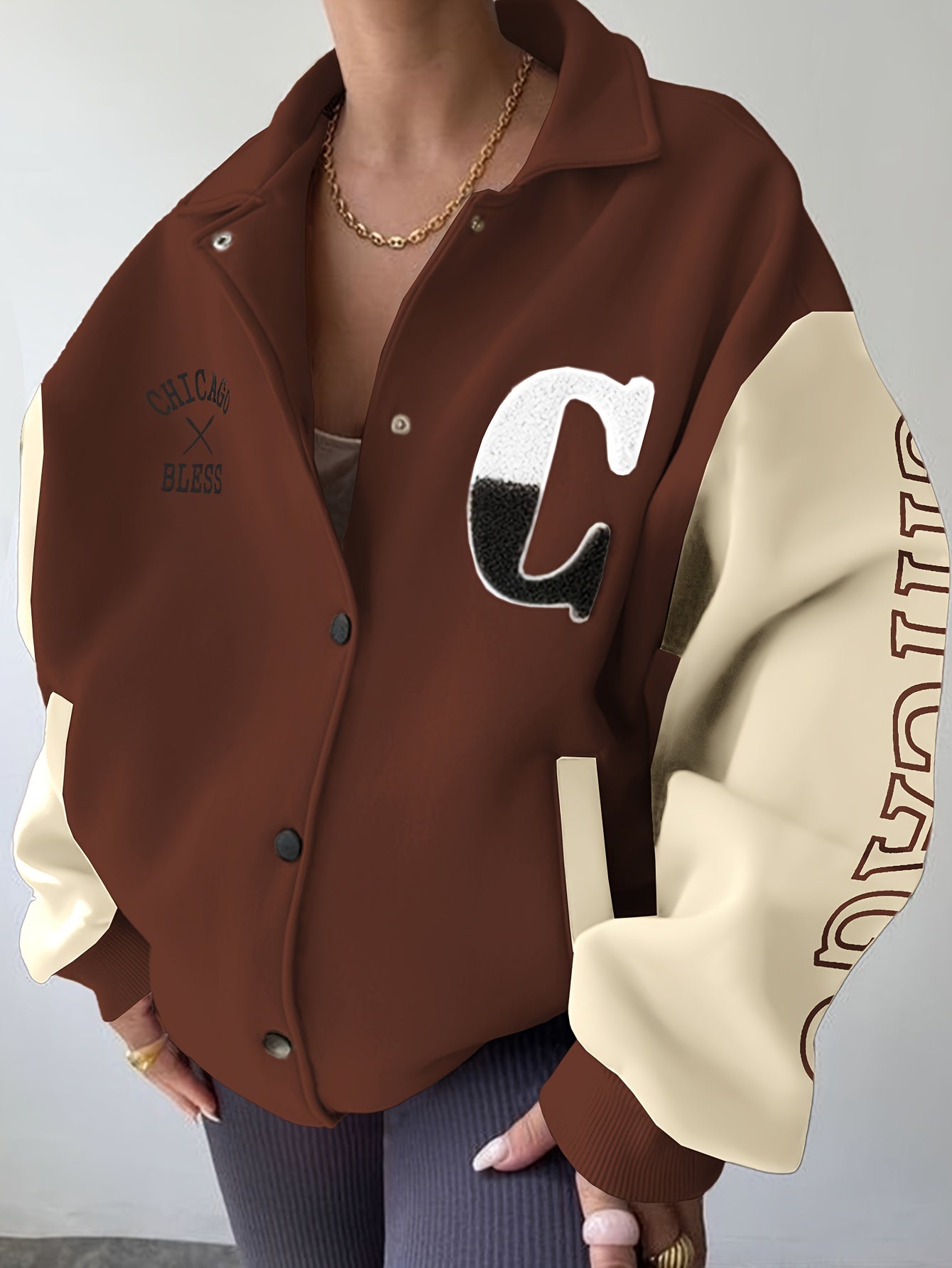 Color Block Snap Front Jacket, Casual Long Sleeve Drop Shoulder Loose Collared Jacket For Spring & Fall, Women's Clothing