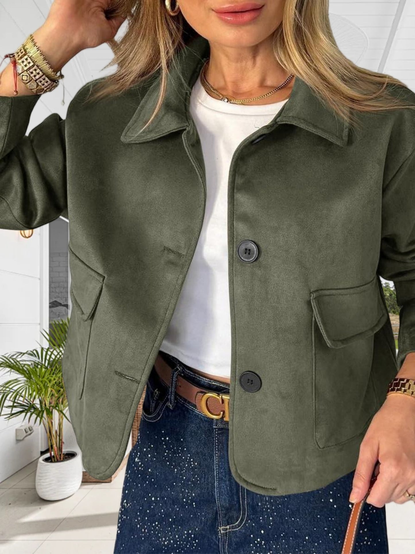 Women'S Cropped Faux Suede Shacket Jacket Vintage Button Coat Casual Outerwear for Fall\u002F Spring