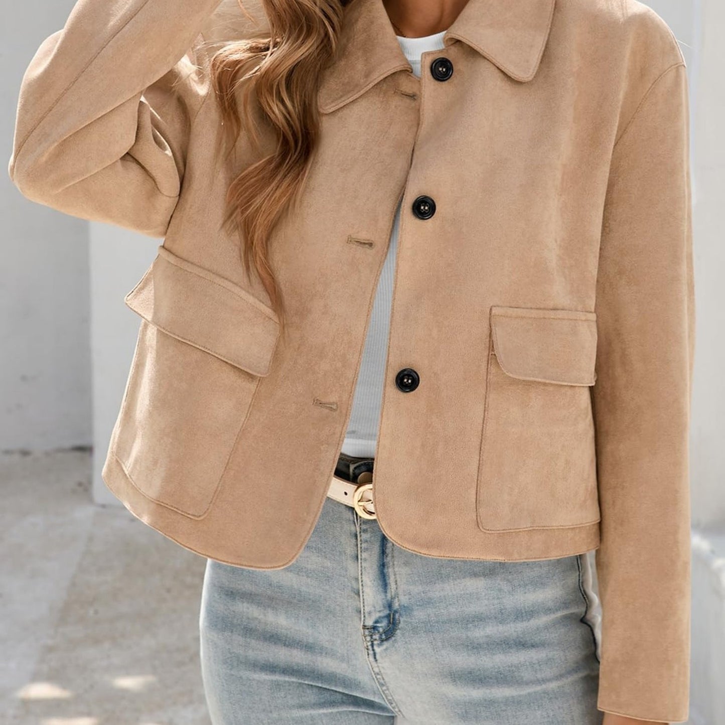 Women'S Cropped Faux Suede Shacket Jacket Vintage Button Coat Casual Outerwear for Fall\u002F Spring