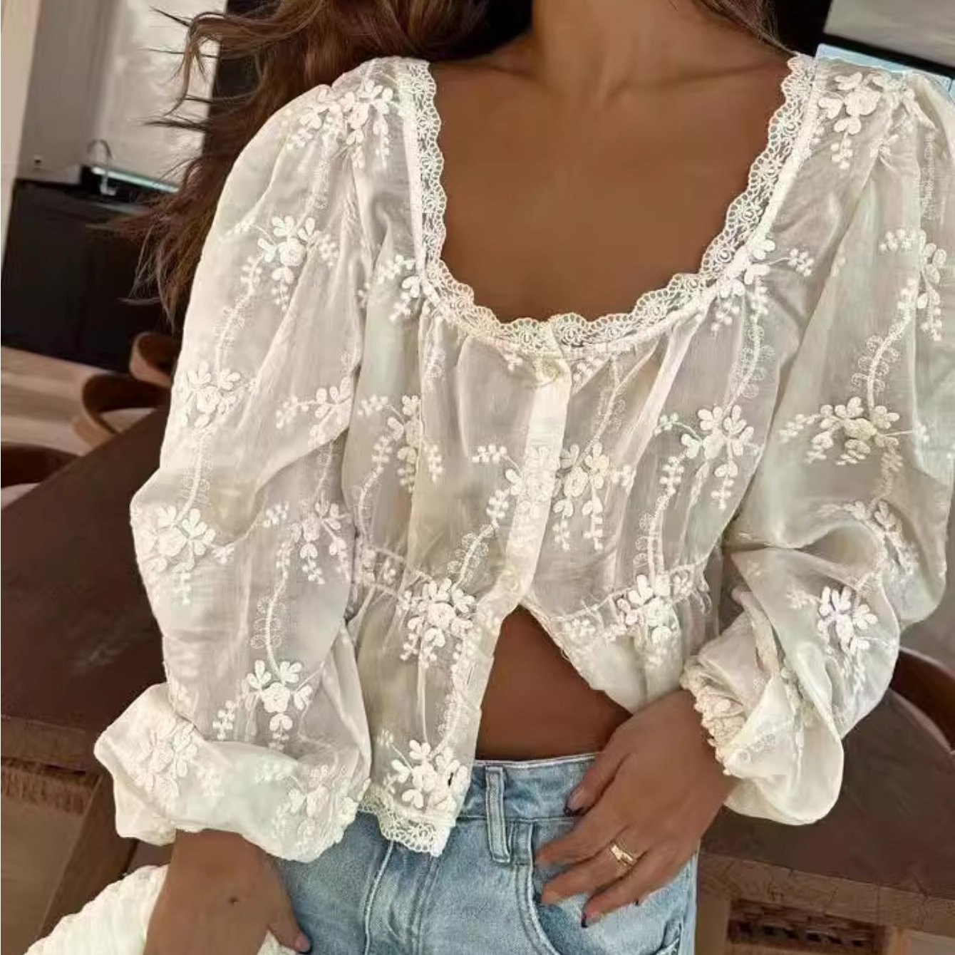 New Sexy Women'S Loose Embroidered Long-Sleeved Shirt