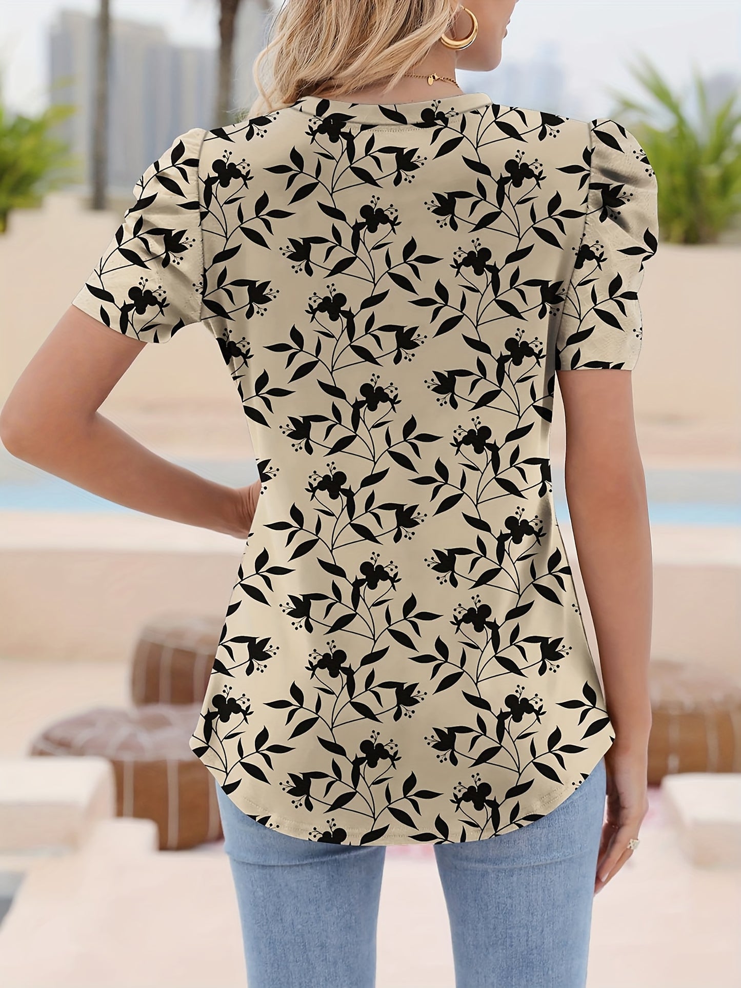 Women's Floral Print Puff Sleeve Short Sleeve Shirt - Loose Fit Crewneck Blouse with Ruffled Trim, Machine Washable, Spring Summer Fall Casual Top (S-XXL)