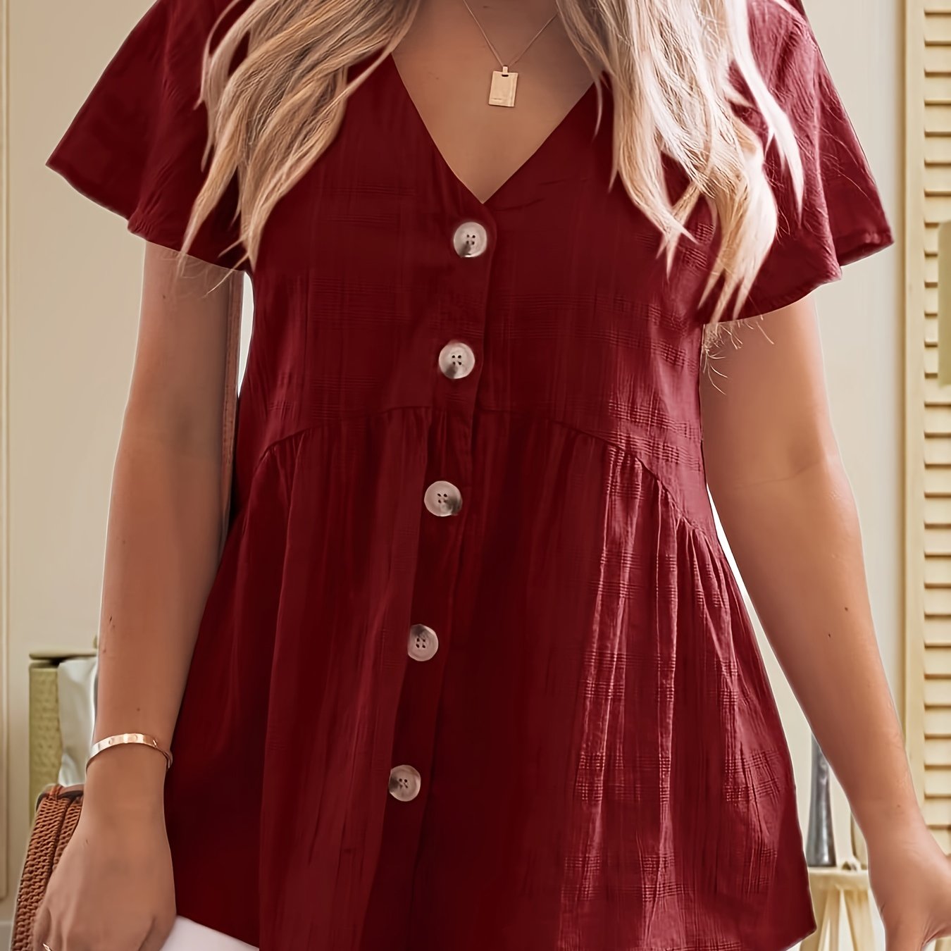 Women'S Short Sleeve V Neck Blouse Button Shirt Loose Casual Ruffle Hem Babydoll Peplum Tops For Summer Outings, Date Nights&Casual Style