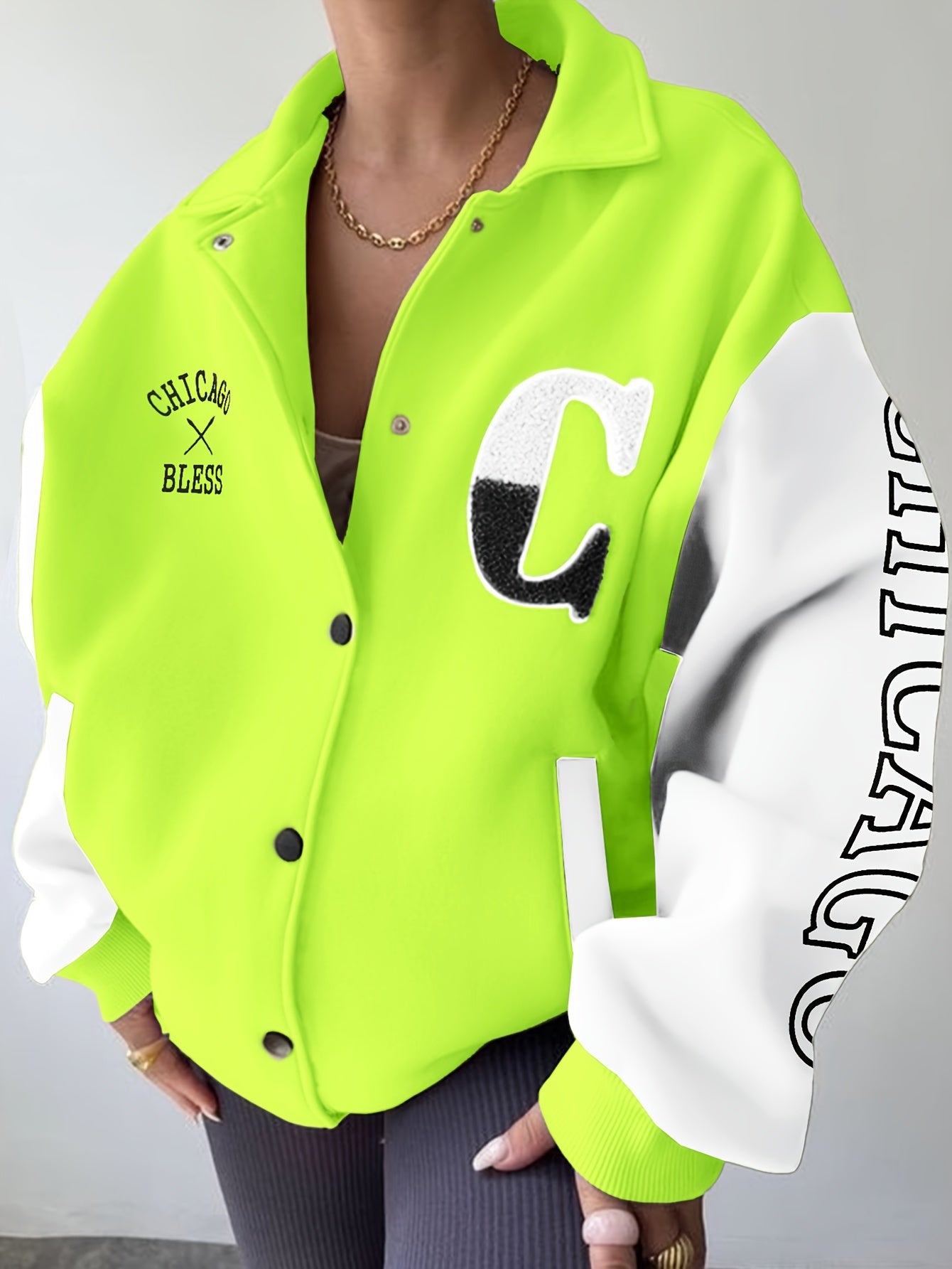 Color Block Snap Front Jacket, Casual Long Sleeve Drop Shoulder Loose Collared Jacket For Spring & Fall, Women's Clothing
