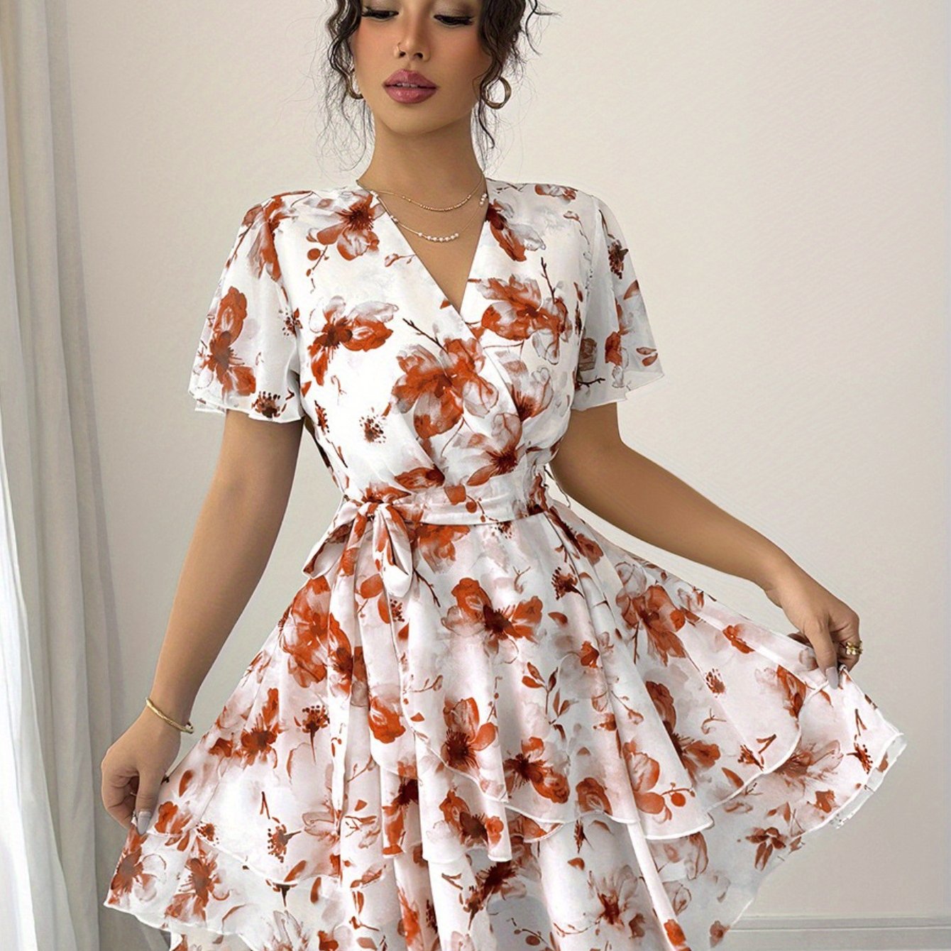 1pc Elegant French-Inspired Floral Print V-Neck Midi Dress - Sleeveless, Asymmetrical Hem, Loose Fit for Women, Perfect for Daily Wear, Work, and Travel, Floral Dress