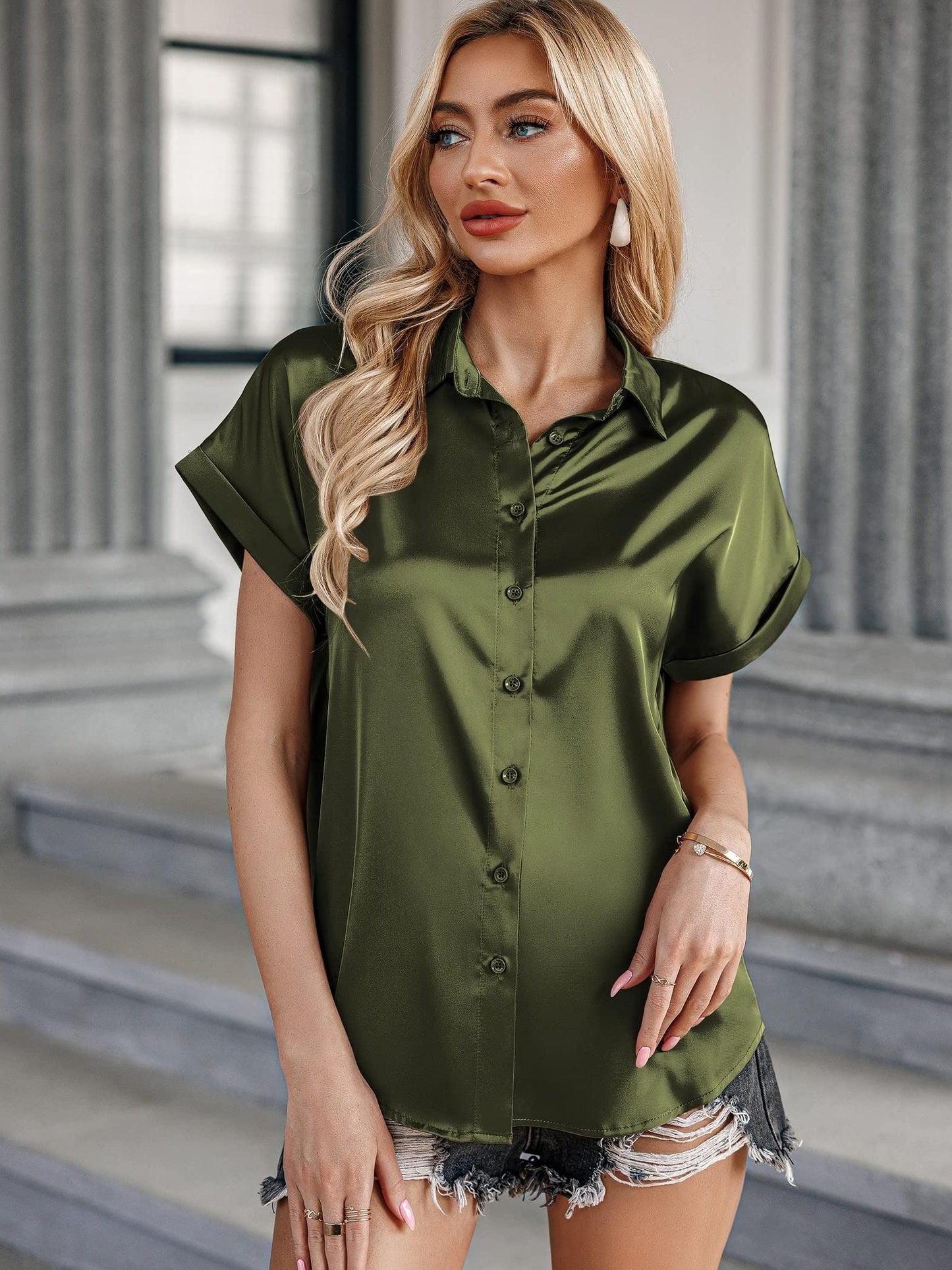 Womens Short Sleeve Satin Button Shirts Casual Loose V-Neck Business Work Tunic Top Spring Summer Fall Womens Clothing