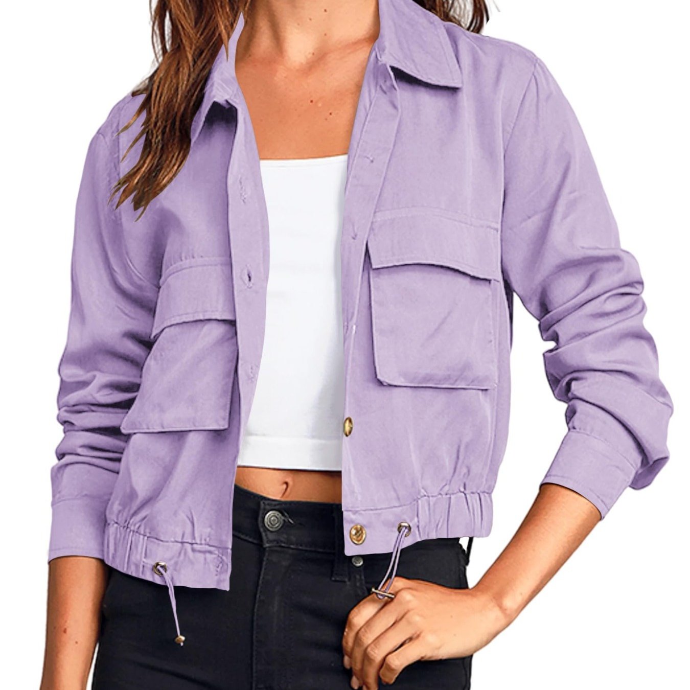 Women'S Military Safari Cropped Jackets Button Lightweight Oversized Utility Anorak Coat with Pockets