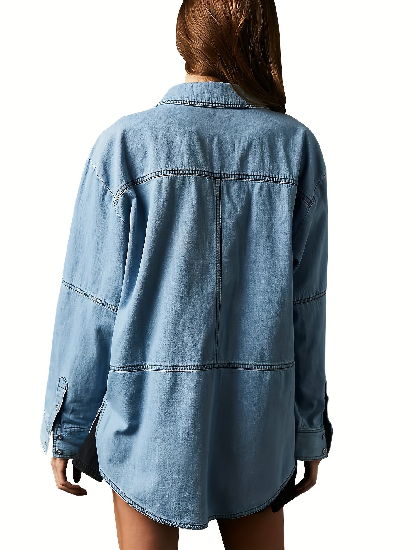 1pc Women'S Casual Cotton Faux Denim Shirt - Solid Color Long Sleeve V-Neck Pullover with Pockets, Loose Fit Jean Jacket Style Blouse for Fall\u002FWinter