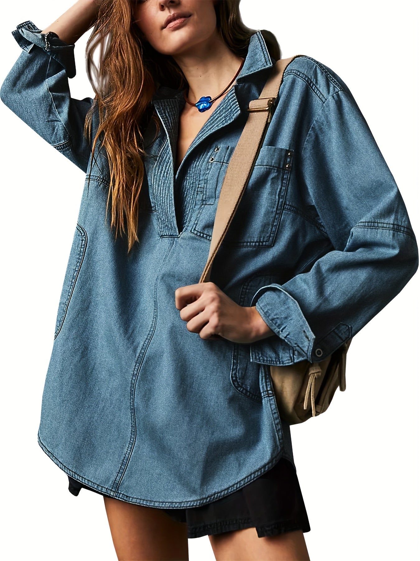 Women's Denim Pullover Casual Button V Neck Blouse Loose Fit Long Sleeve Jean Jacket With Pocket