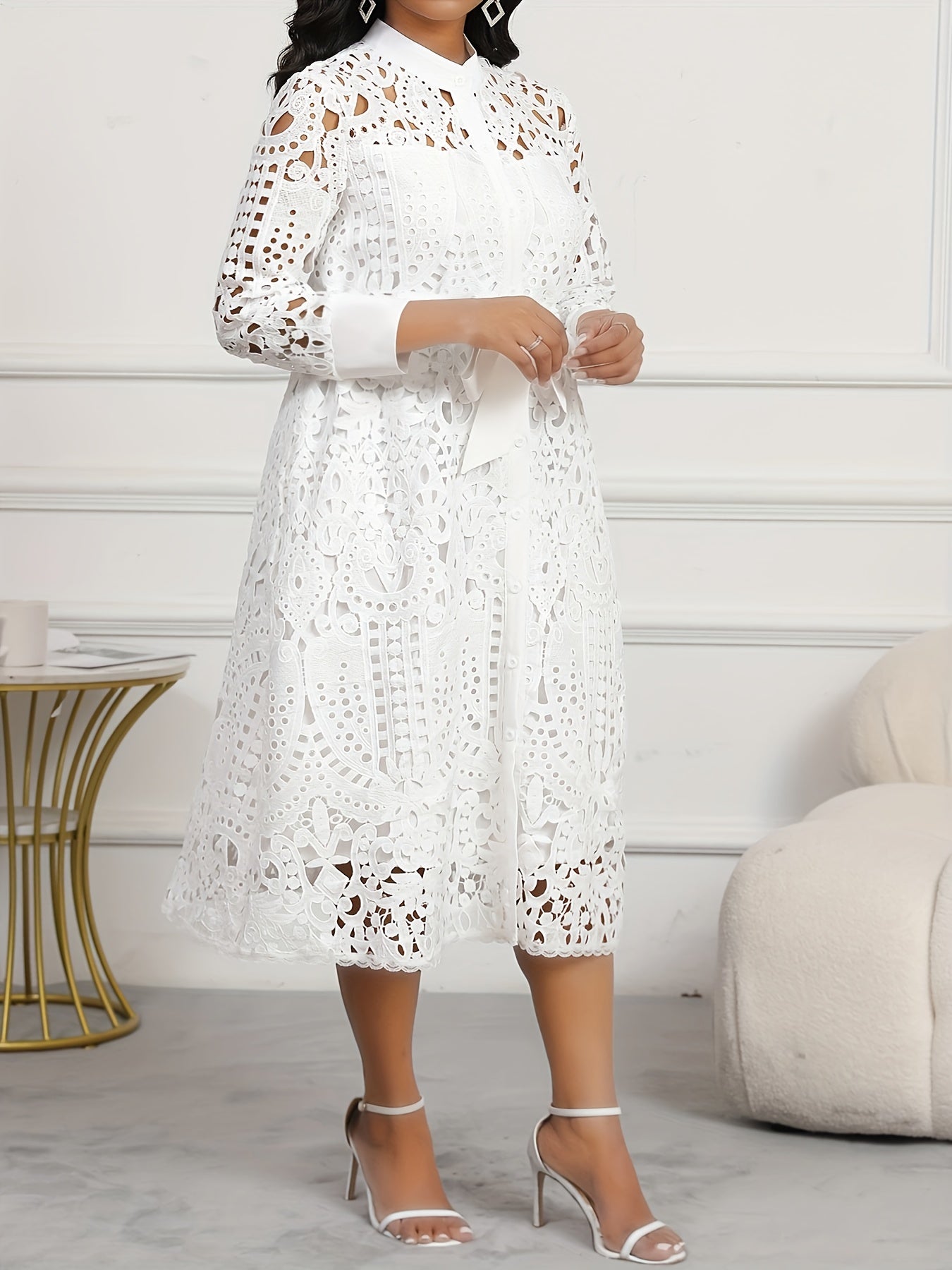 Plus Size, Large-size Fashionable Women's Dress with Whte Open-work Lace Patchwork, V-neckine, Three-quarter Sleeves, Drawstring Waist, Simming Elfect And Elegant Style DMBT010