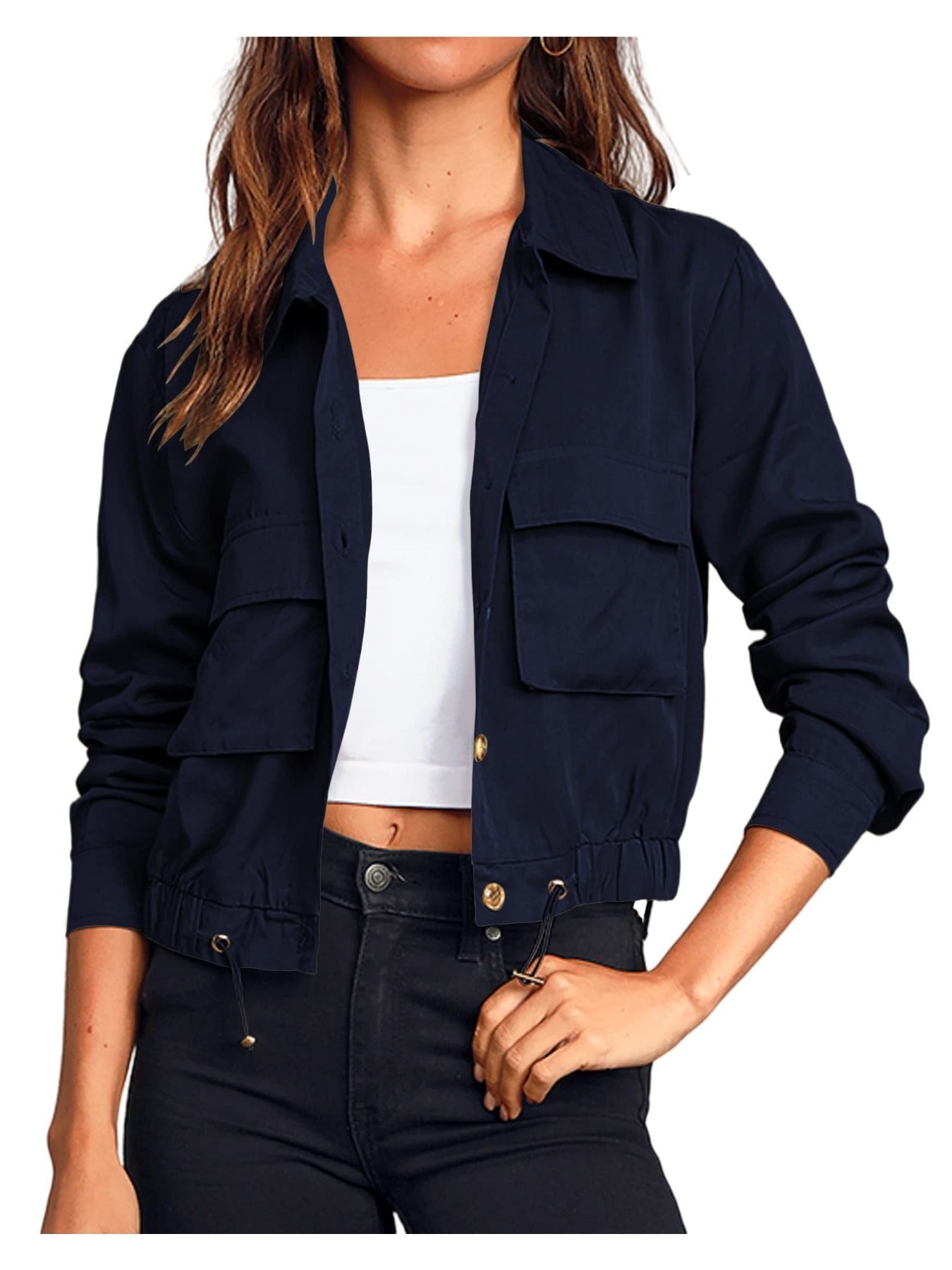 Women'S Military Safari Cropped Jackets Button Lightweight Oversized Utility Anorak Coat with Pockets